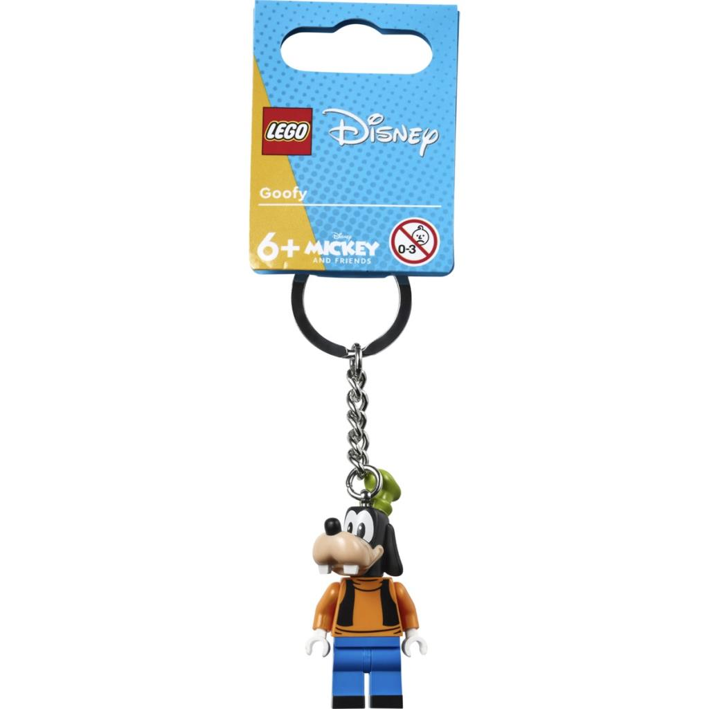 Turuncu gömlekli, mavi pantolonlu, yeşil şapkalı LEGO Disney Goofy anahtarlık.
