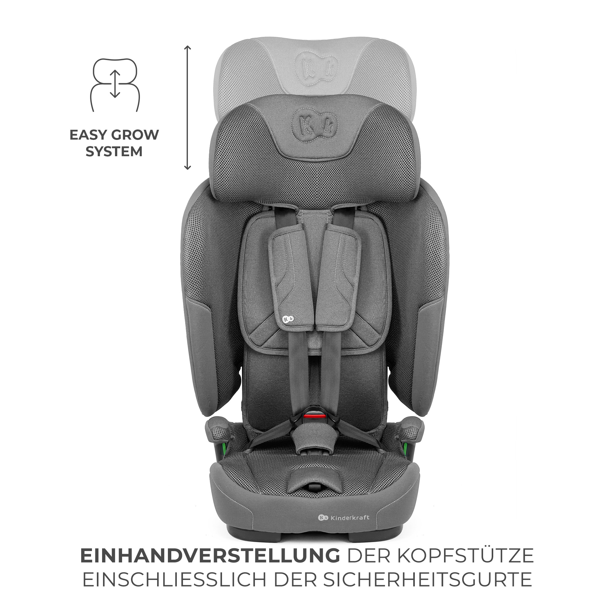 Grauer Kindersitz mit verstellbarer Kopfstütze und Gurten. Einfaches Wachstumssystem.
