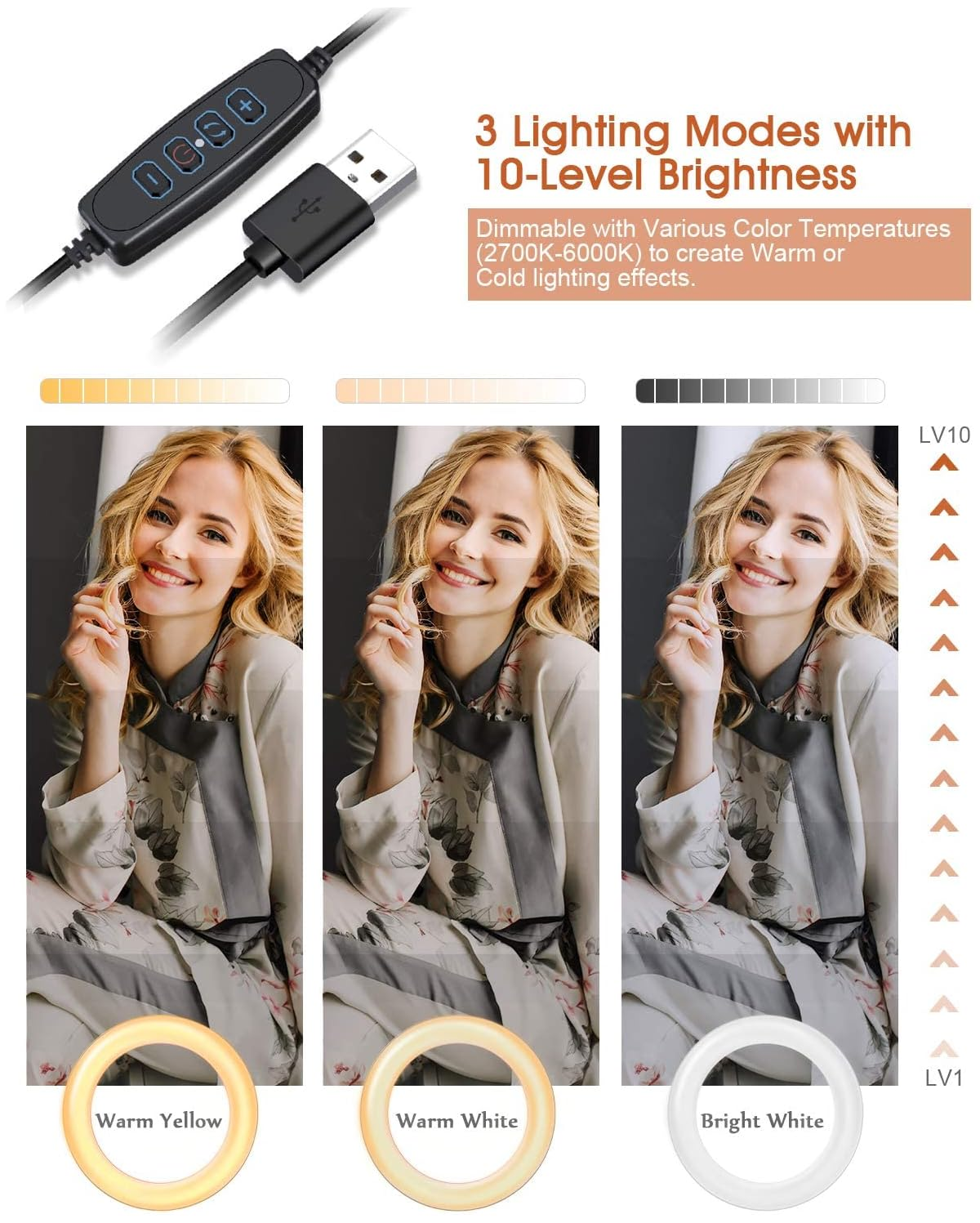Ringlicht-Controller mit USB-Kabel, 3 Frauen in warmgelbem, warmweißem und hellem Weißlicht.