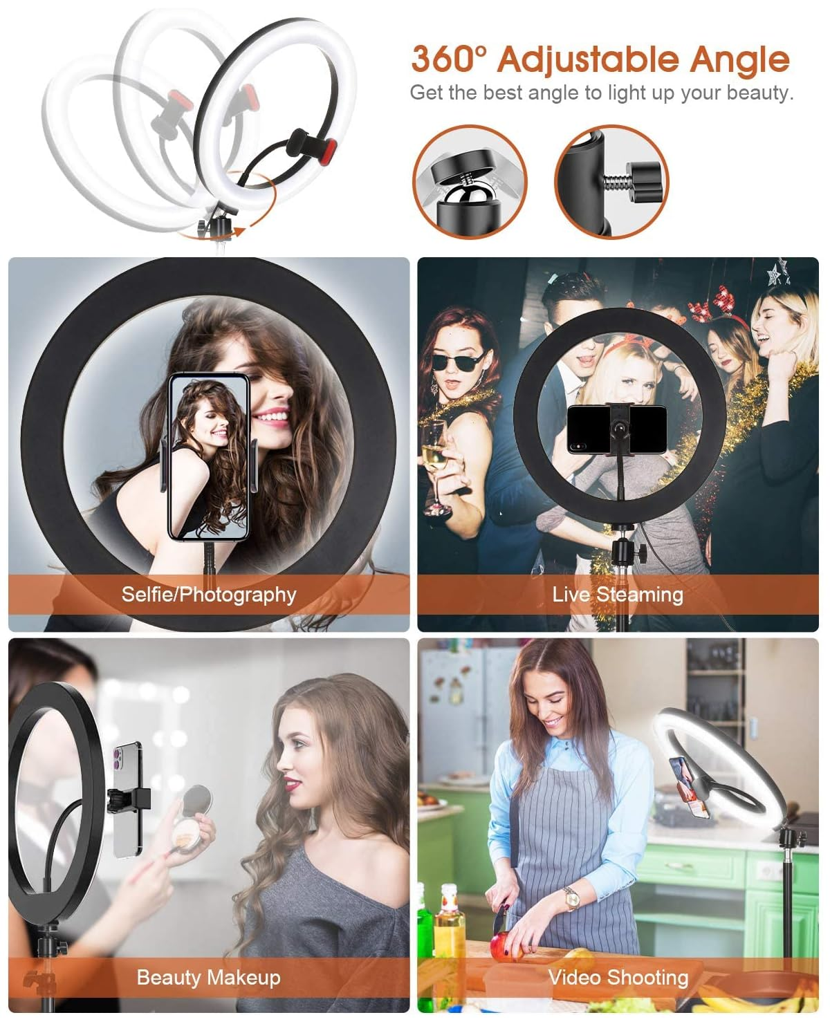 Collage zeigt Ringlicht-Anwendungen: Selfie, Live-Stream, Make-up, Video.