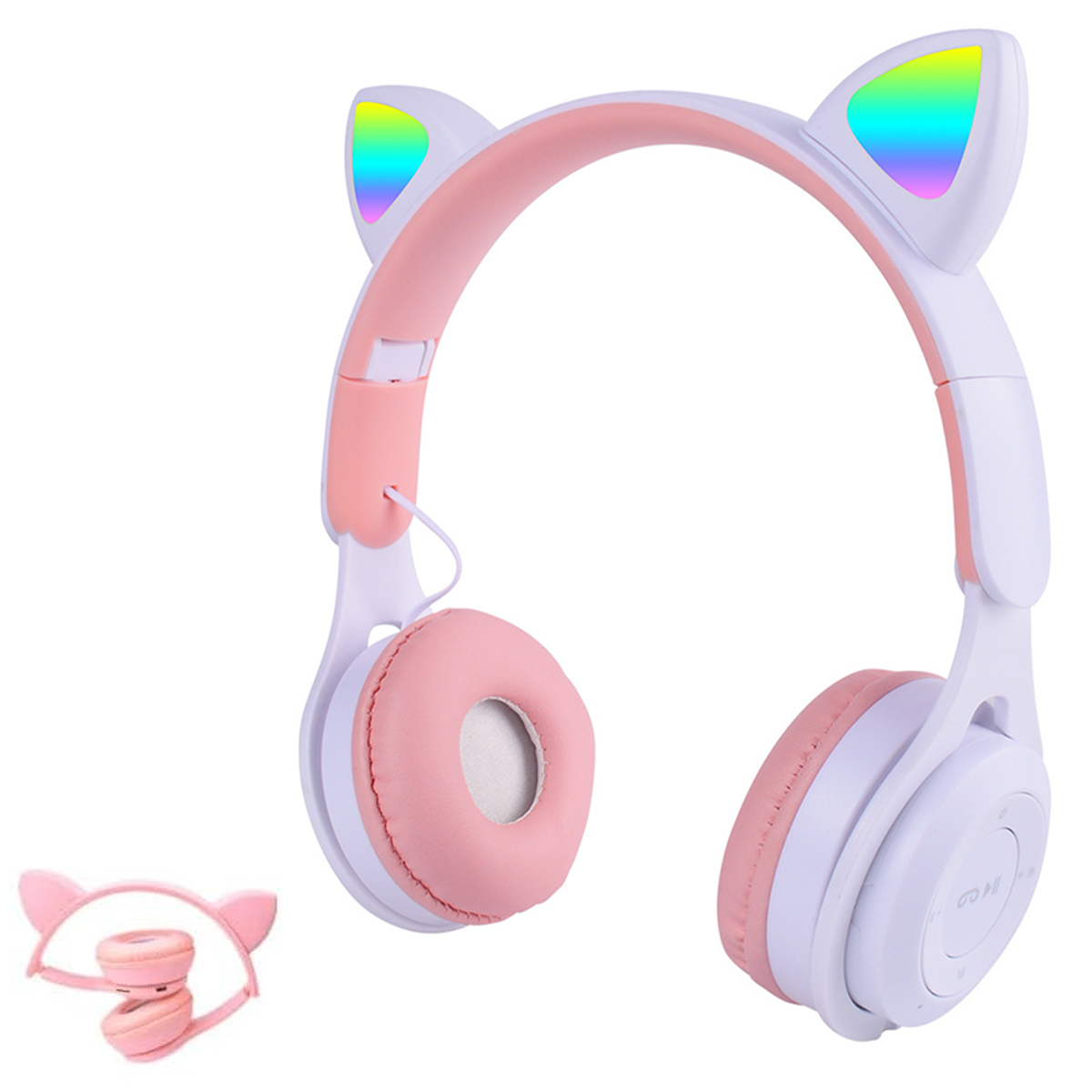 Weiße und rosa Kopfhörer mit Katzenohren und bunten LEDs.