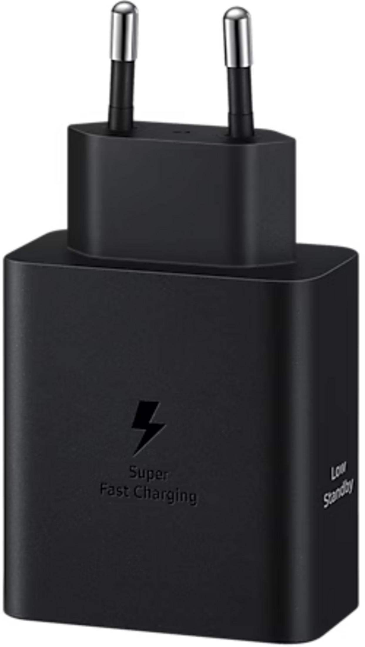 Un caricabatterie nero con due pin argentati e testo Super Fast Charging.