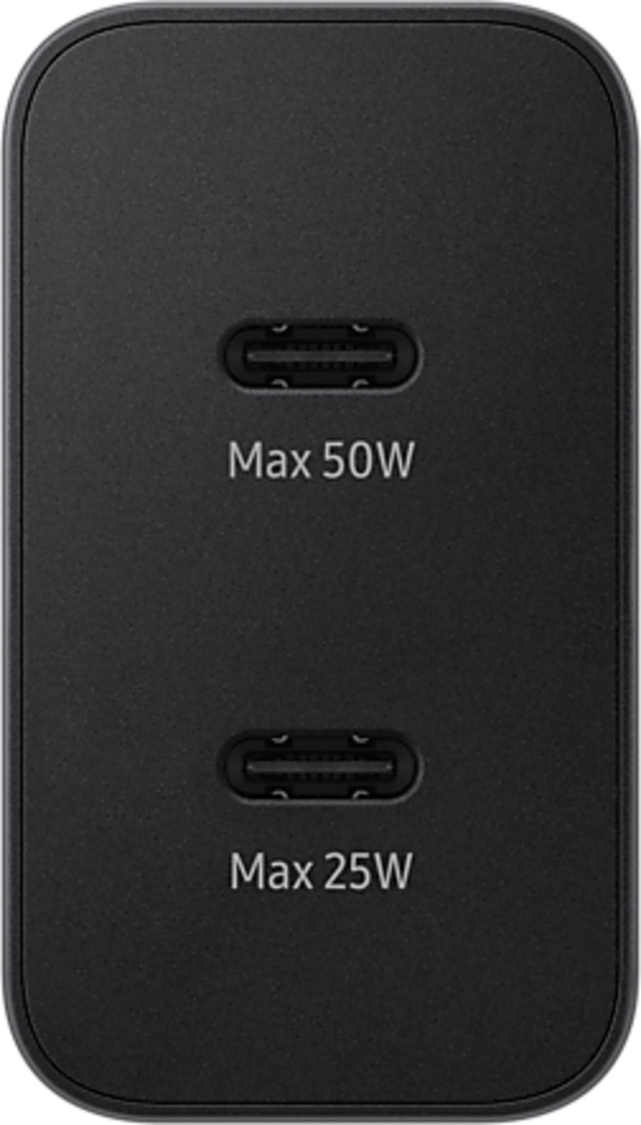 Caricatore nero con due porte USB-C, max 50W e 25W.