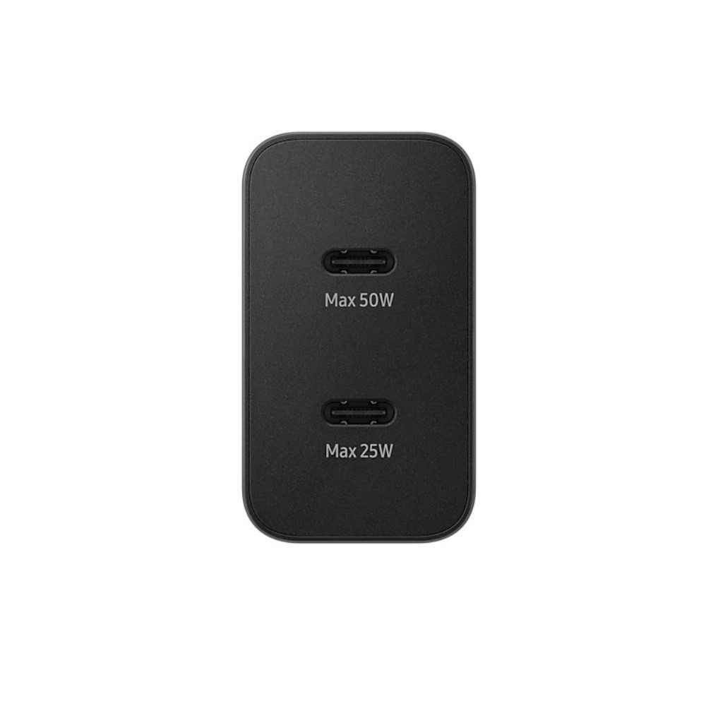 Caricatore USB-C duale nero con porte 50W e 25W.