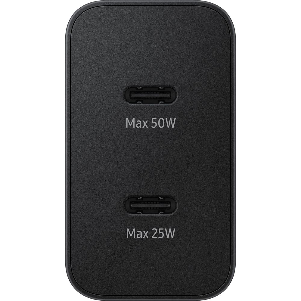 Adattatore caricabatterie nero con due porte USB-C, Max 50W e Max 25W.