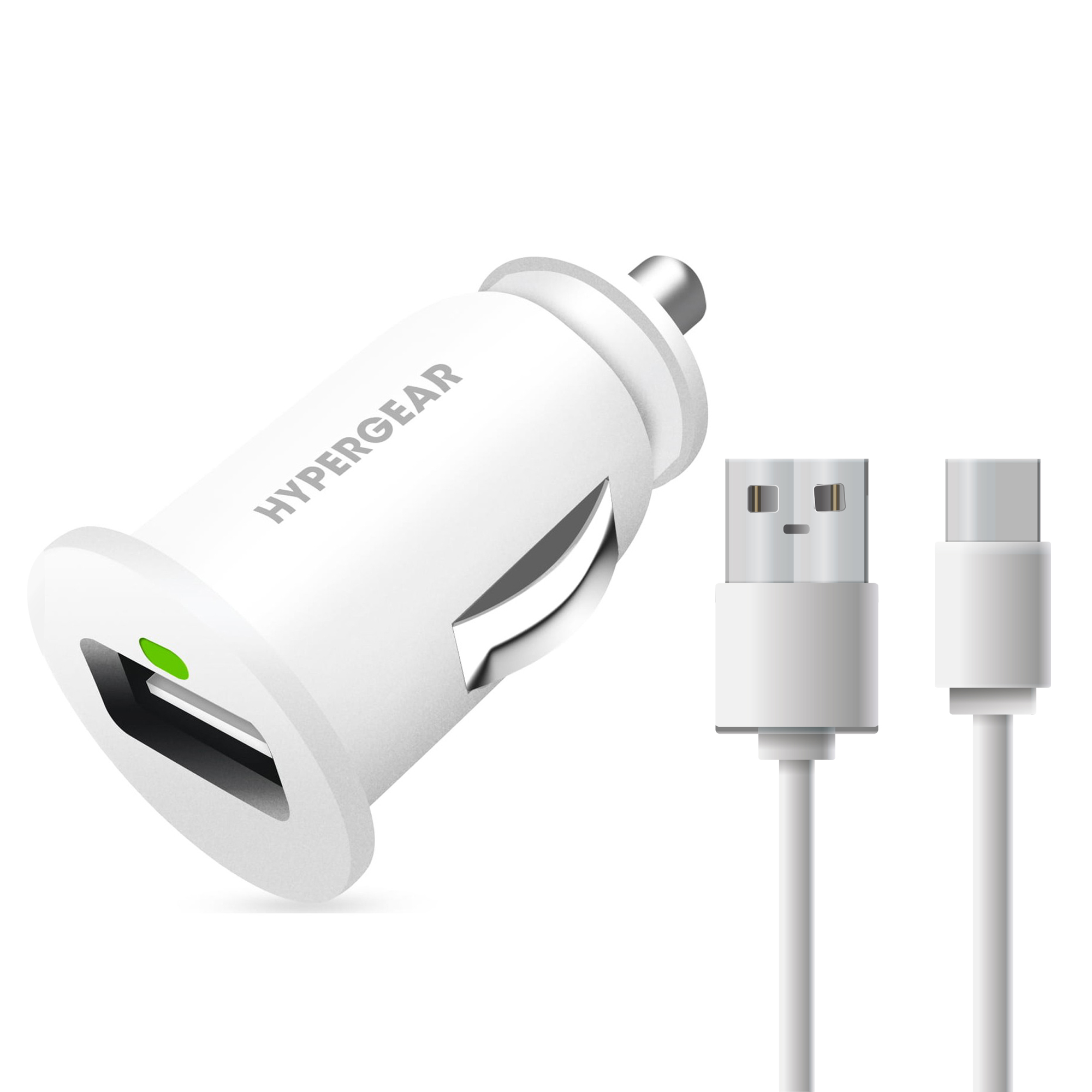 USB-A bağlantı noktasına ve USB-C kablosuna sahip beyaz araç şarj cihazı.