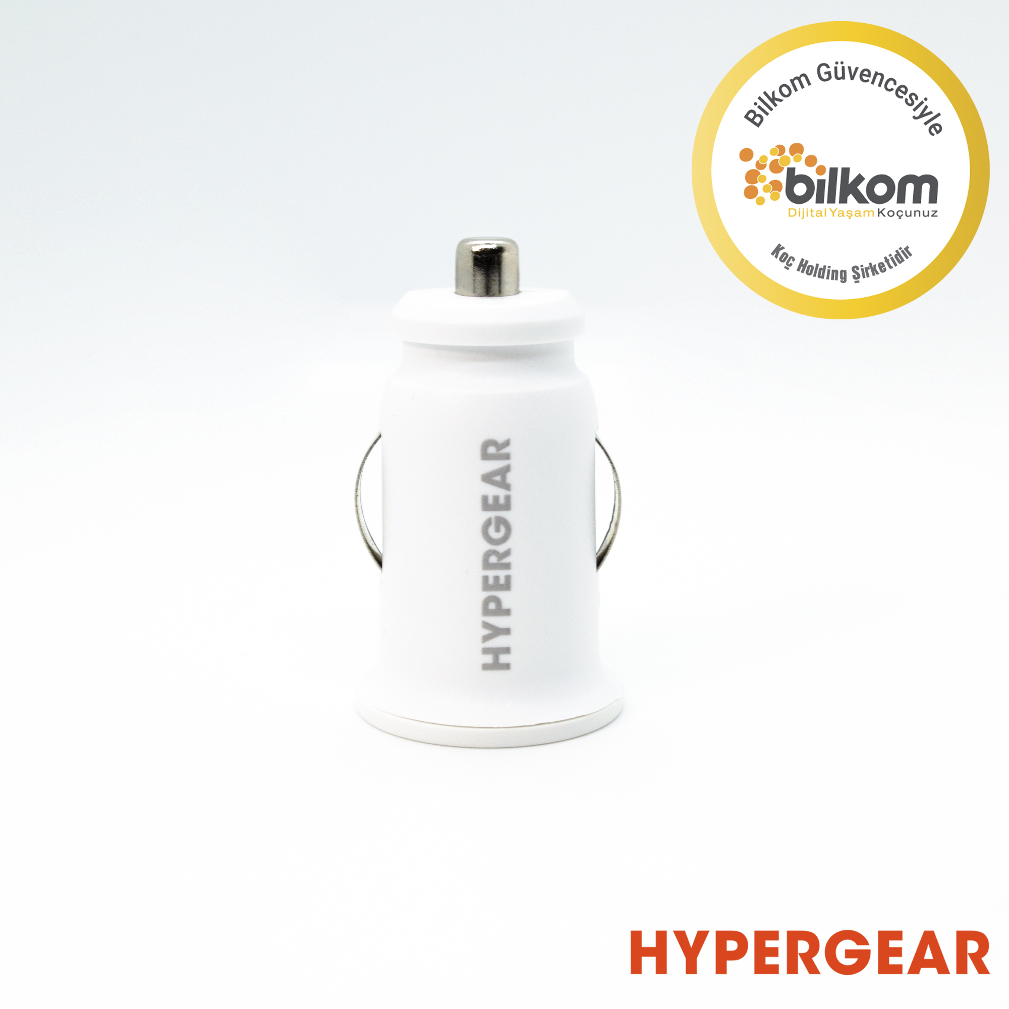 Gümüş uçlu ve marka logolu beyaz Hypergear araç şarj cihazı.