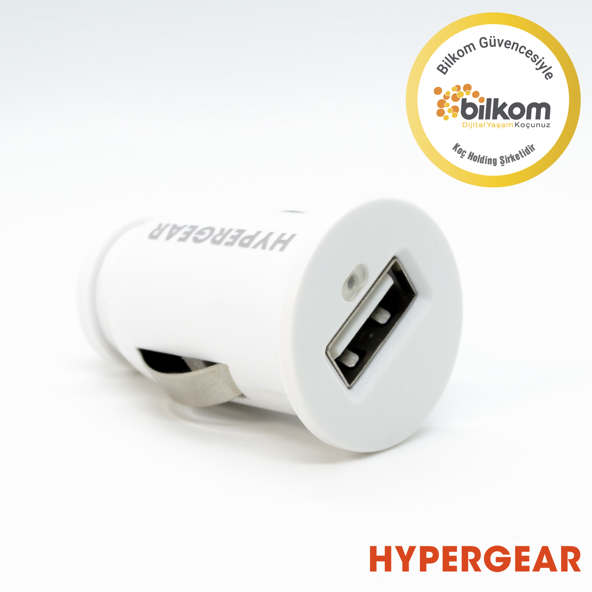 HYPERGEAR markalı beyaz USB araç şarj cihazı ve Bilkom logosu.