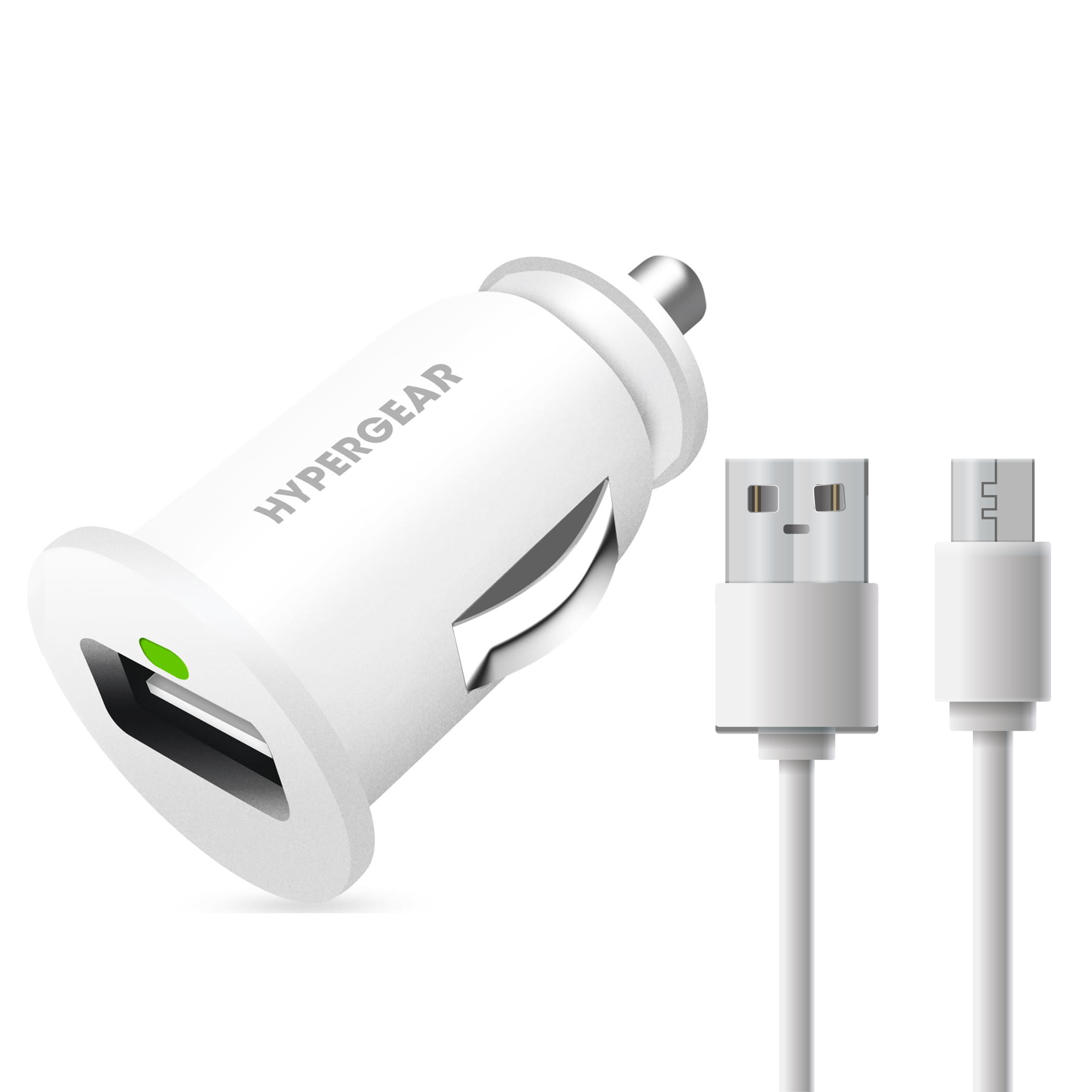 USB bağlantı noktasına sahip beyaz araç şarj cihazı ve yanında USB kablosu.