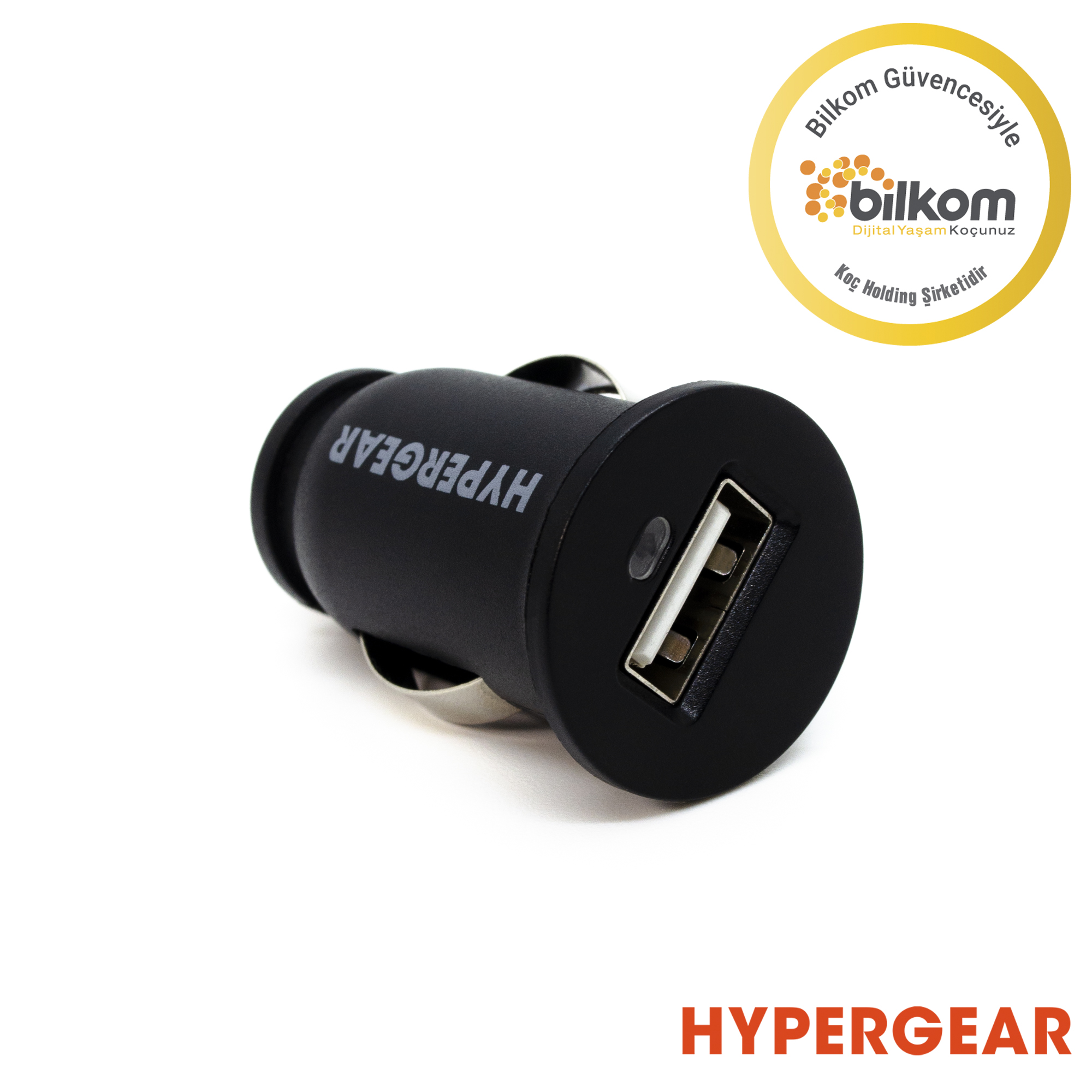 Üzerinde "HYPERGEAR" yazısı ve yuvarlak sarı logo bulunan siyah USB araç şarj cihazı.