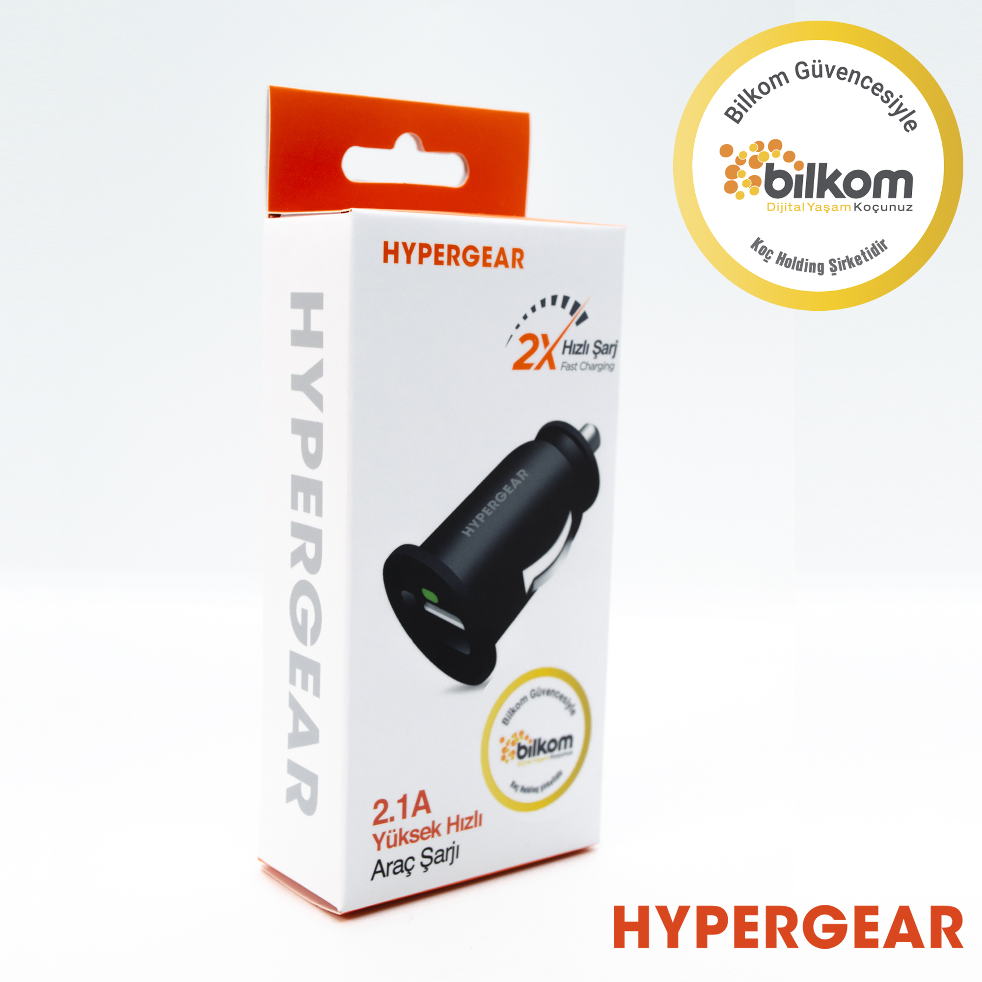 HYPERGEAR 2,1A siyah araç şarj cihazı kutusu, üzerinde "2x Hızlı Şarj" yazısı.