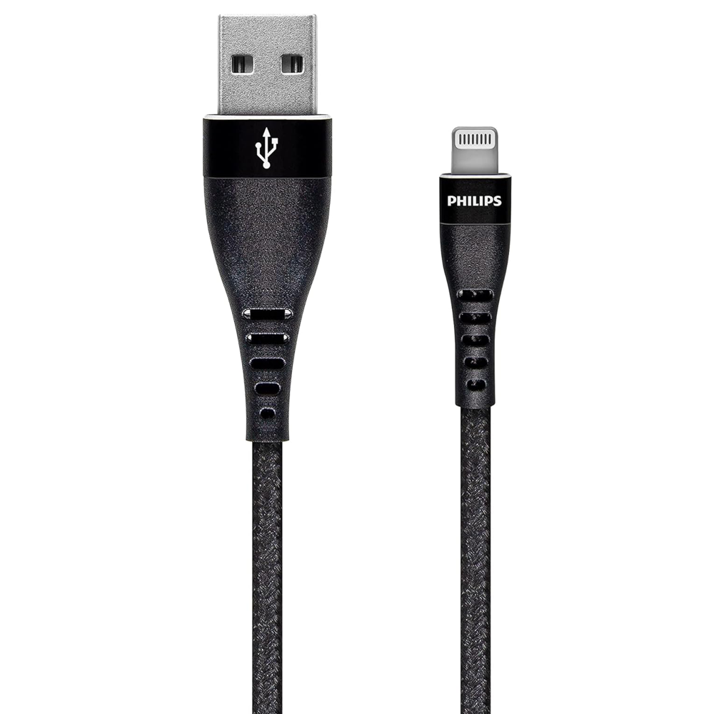 Philips logolu, dokulu tutamaçlı siyah USB-A - Lightning kablosu.