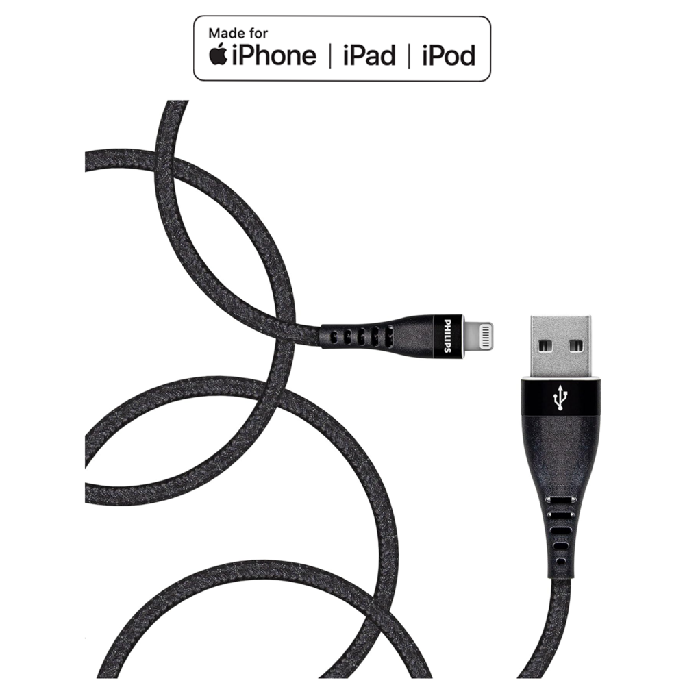 USB-A ve Lightning konnektörlü siyah şarj kablosu, örgülü doku.