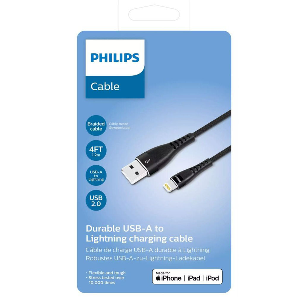 Philips USB-A - Lightning şarj kablosu, 4ft, siyah, örgülü.