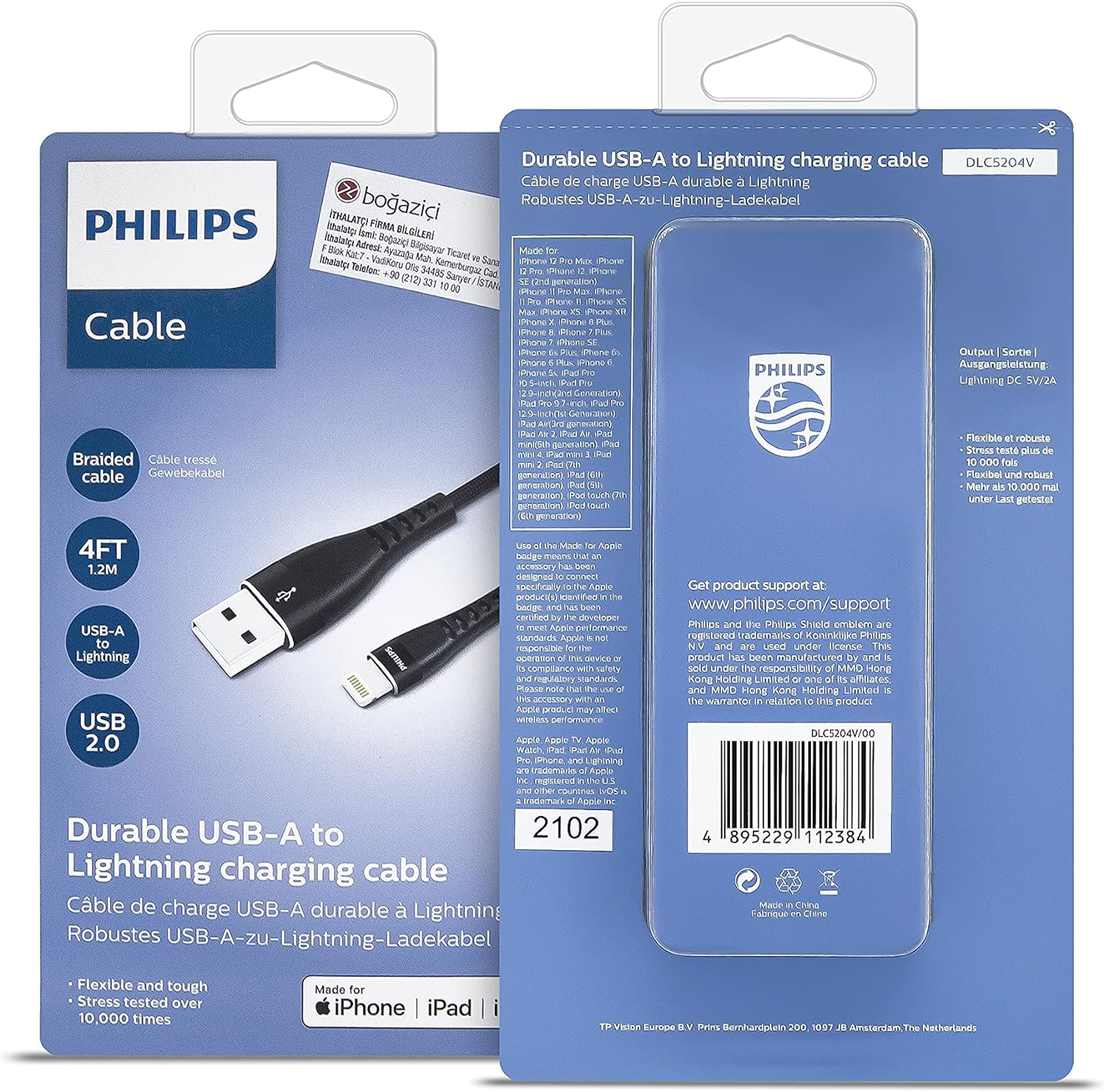Philips USB-A - Lightning kablosu, 1.2m, örgülü, dayanıklı.
