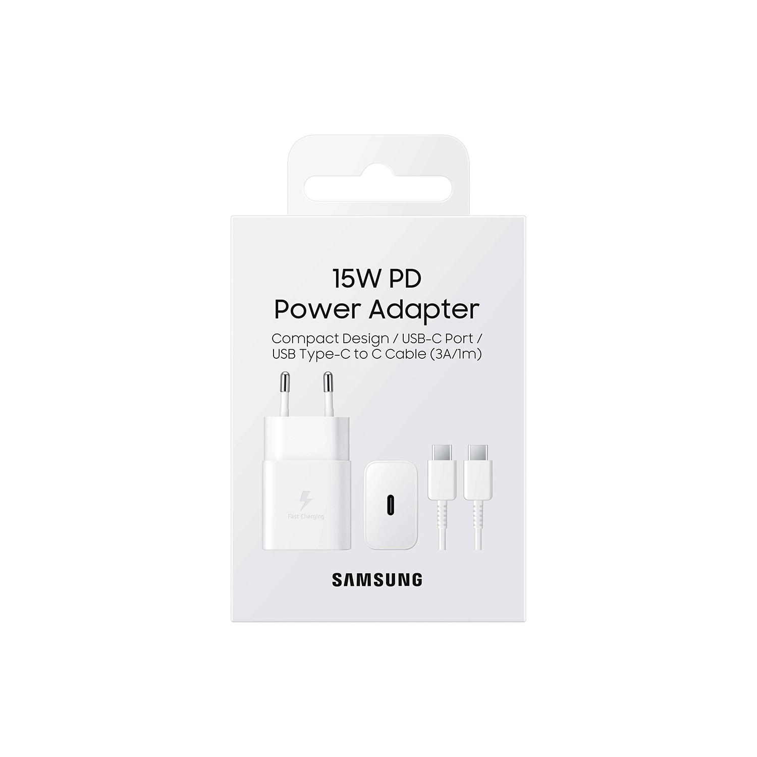 Samsung 15W PD güç adaptörü USB-C kablosuyla.