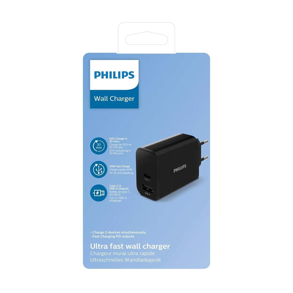 Ambalajında Type-C ve USB-A bağlantı noktalarına sahip siyah Philips duvar şarj cihazı.