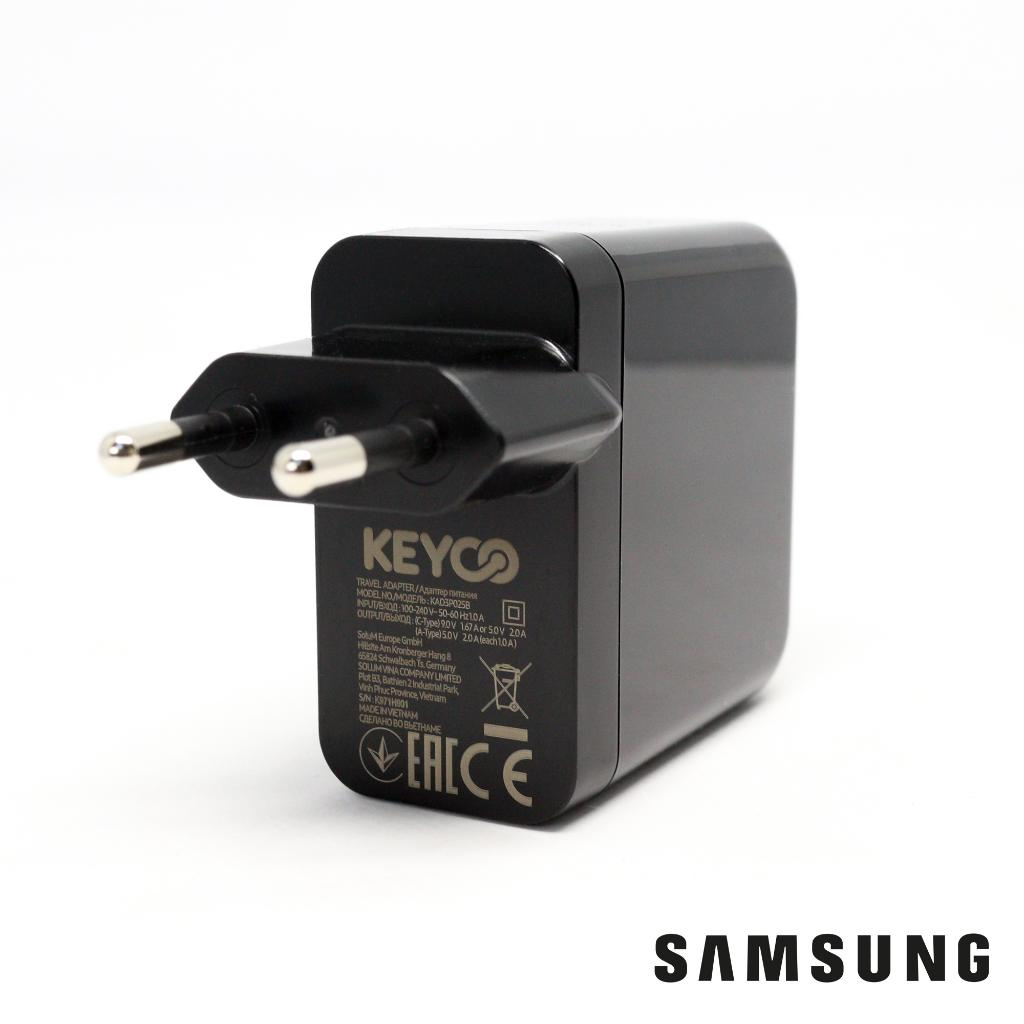 Samsung logolu siyah KEYCO seyahat adaptörü, AB fişi, detaylı etiketleme.