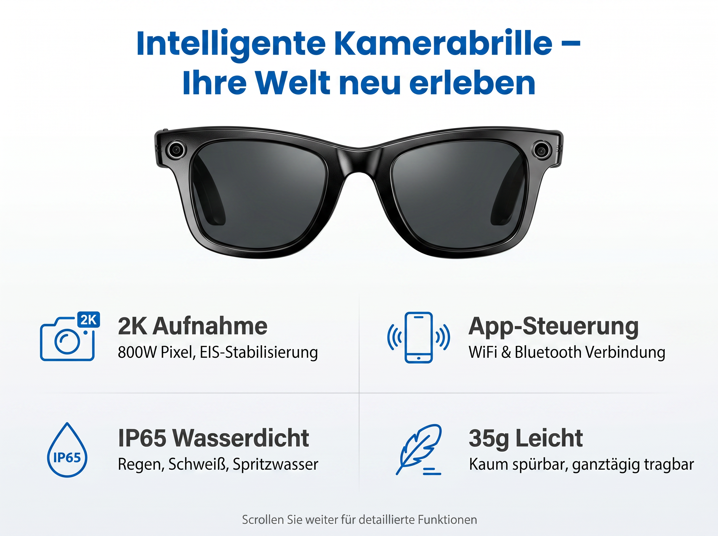 Schwarze smarte Brille mit Kameras, 2K Aufnahme, App-Steuerung, IP65 Wasserdicht, 35g.