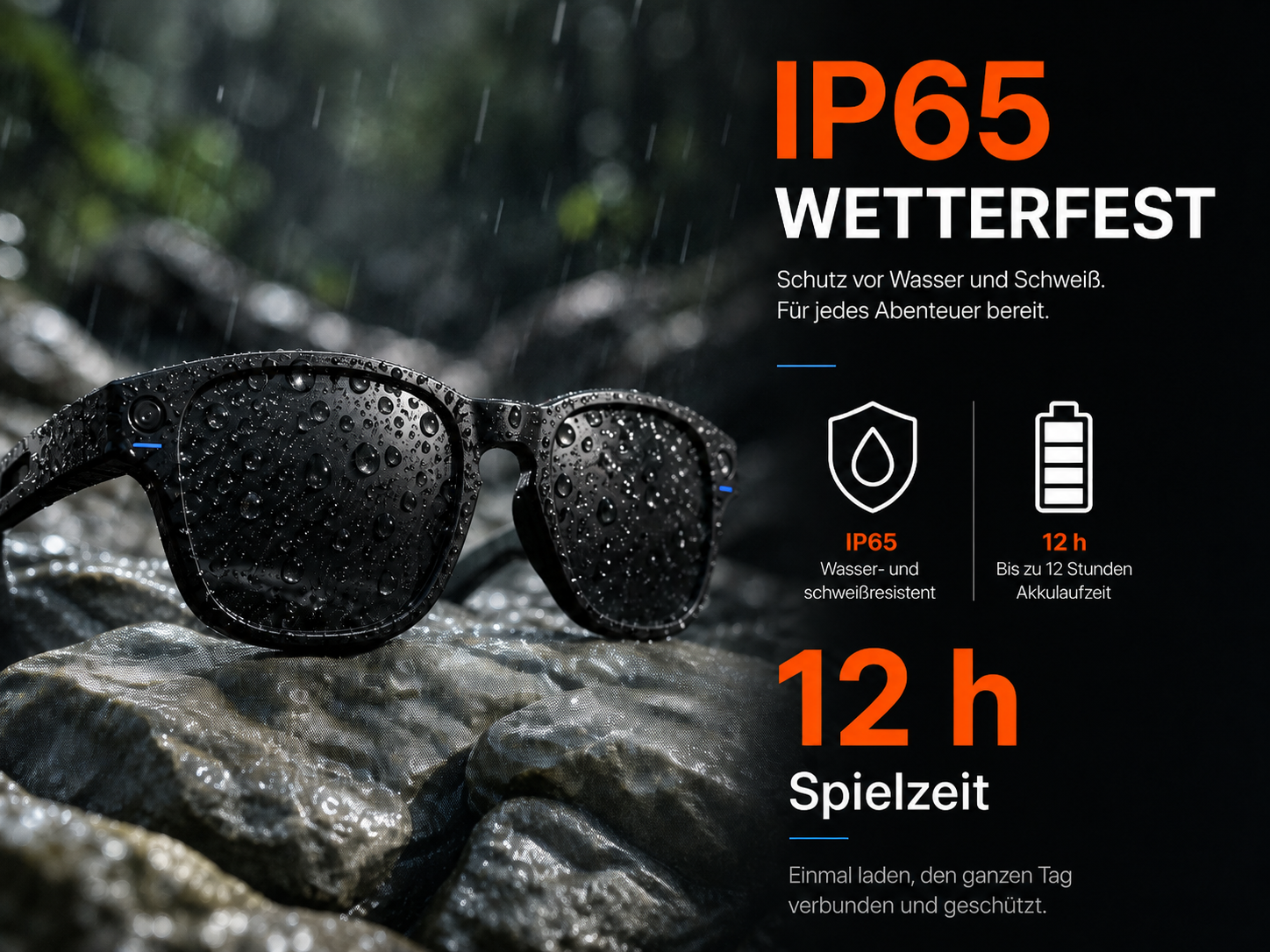 Schwarze, wasserbespritzte Sonnenbrille auf Steinen im Regen, mit IP65- und Akku-Symbolen.
