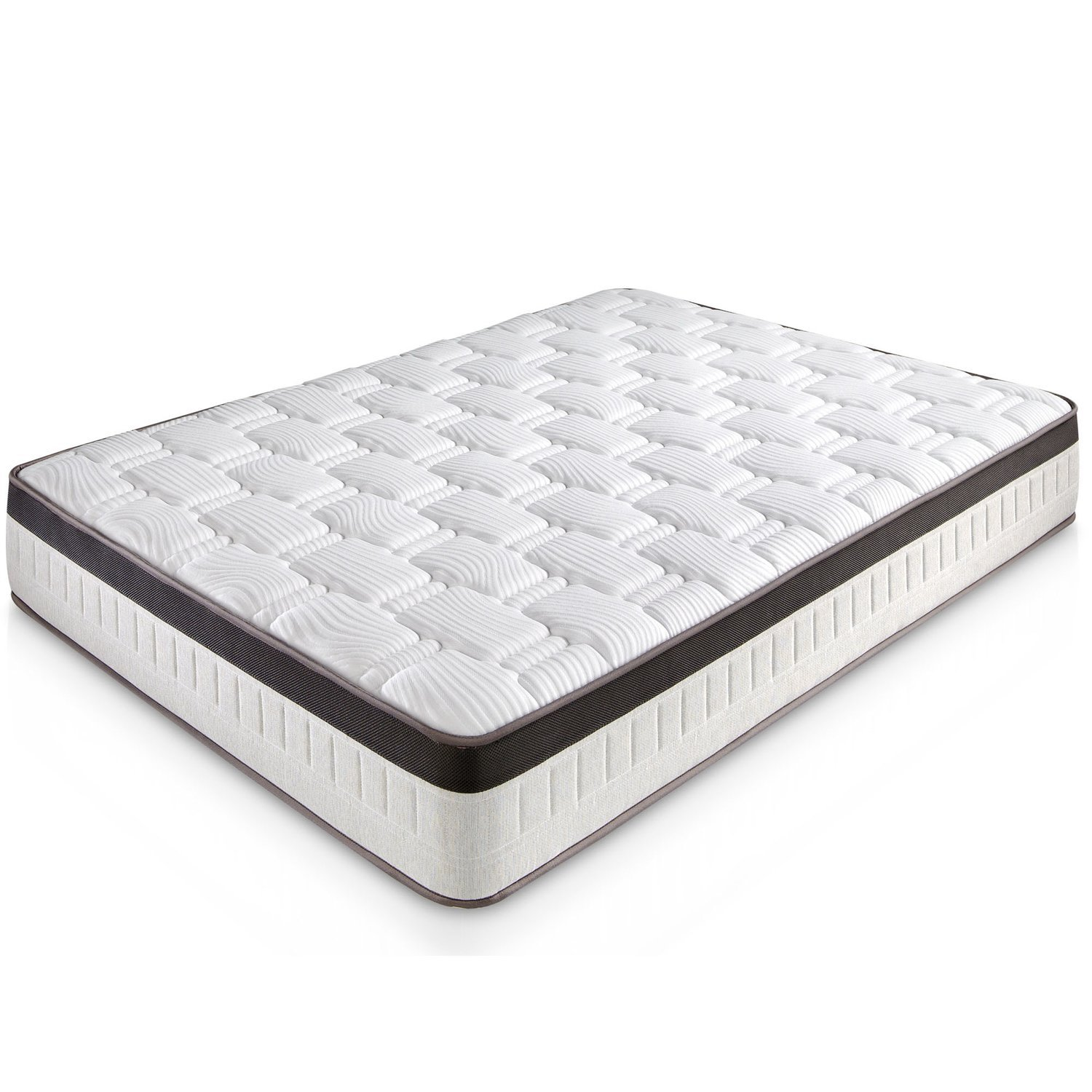 Un colchón blanco con borde gris y lateral blanco.