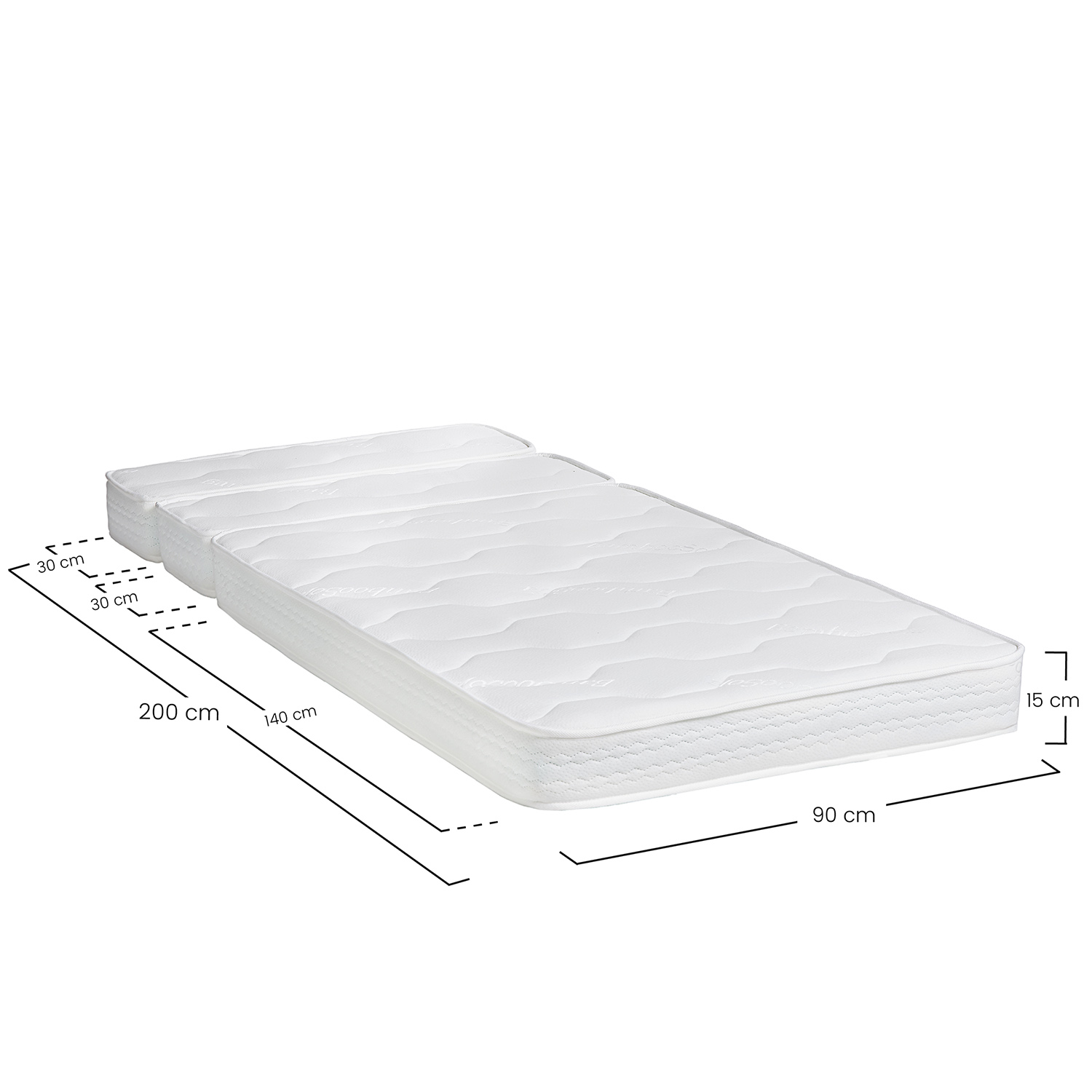 Colchón blanco, 200x90x15 cm, plegable en 3 secciones.