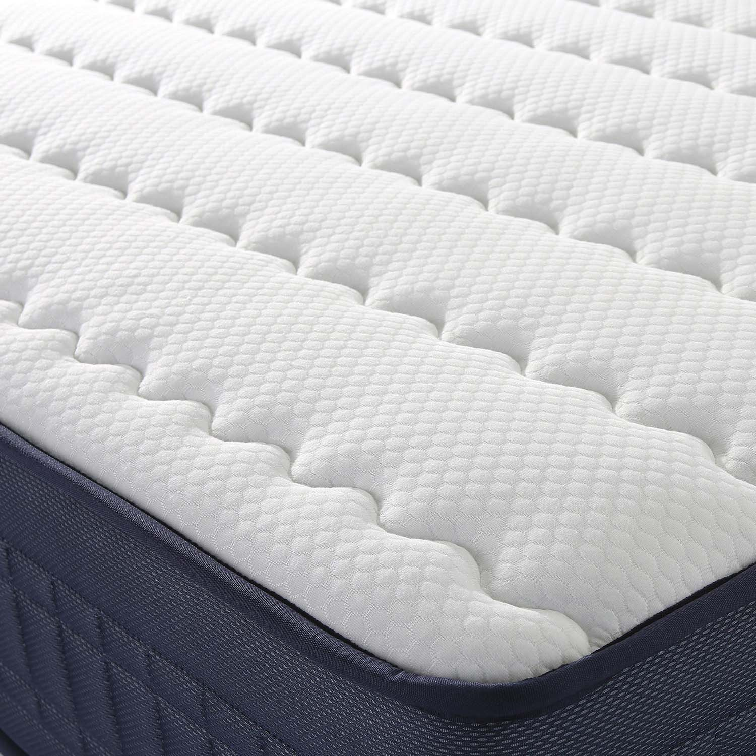 Primer plano sin fisuras de un colchón blanco acolchado con lados azules.