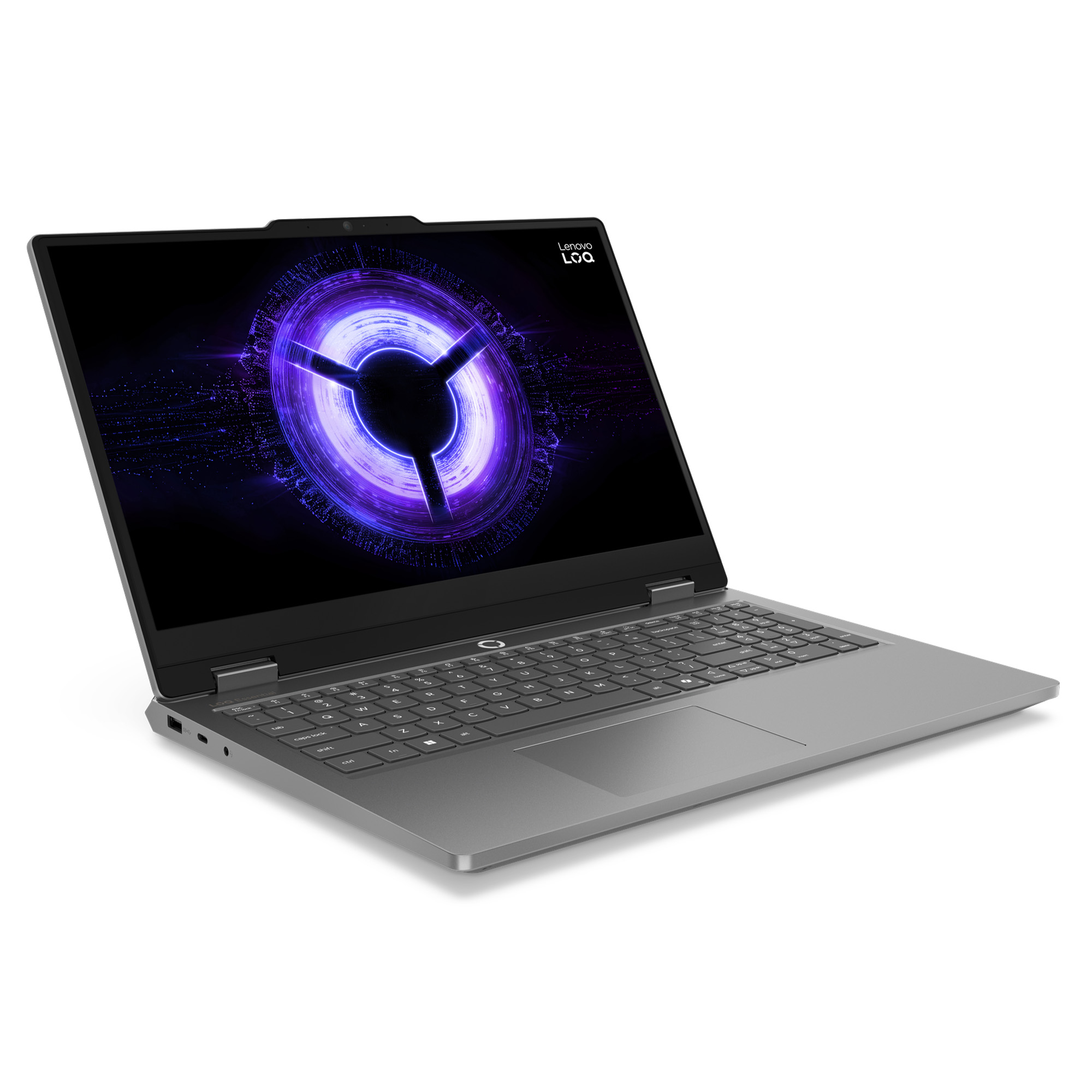 Ekranında mor holografik logolu gri bir Lenovo LOQ oyun dizüstü bilgisayarı.