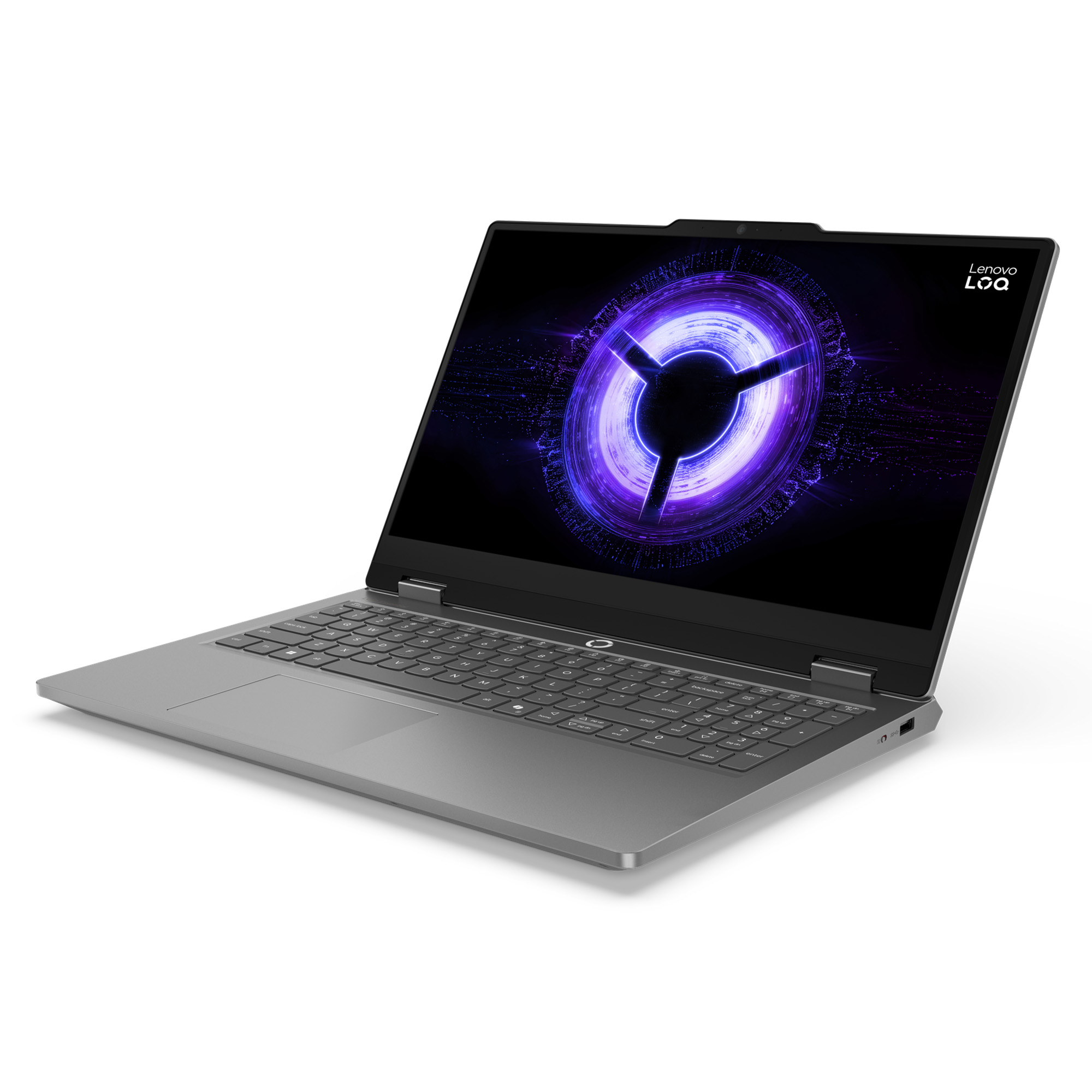 Ekranında mor soyut arka plana sahip gri bir Lenovo LOQ dizüstü bilgisayar.