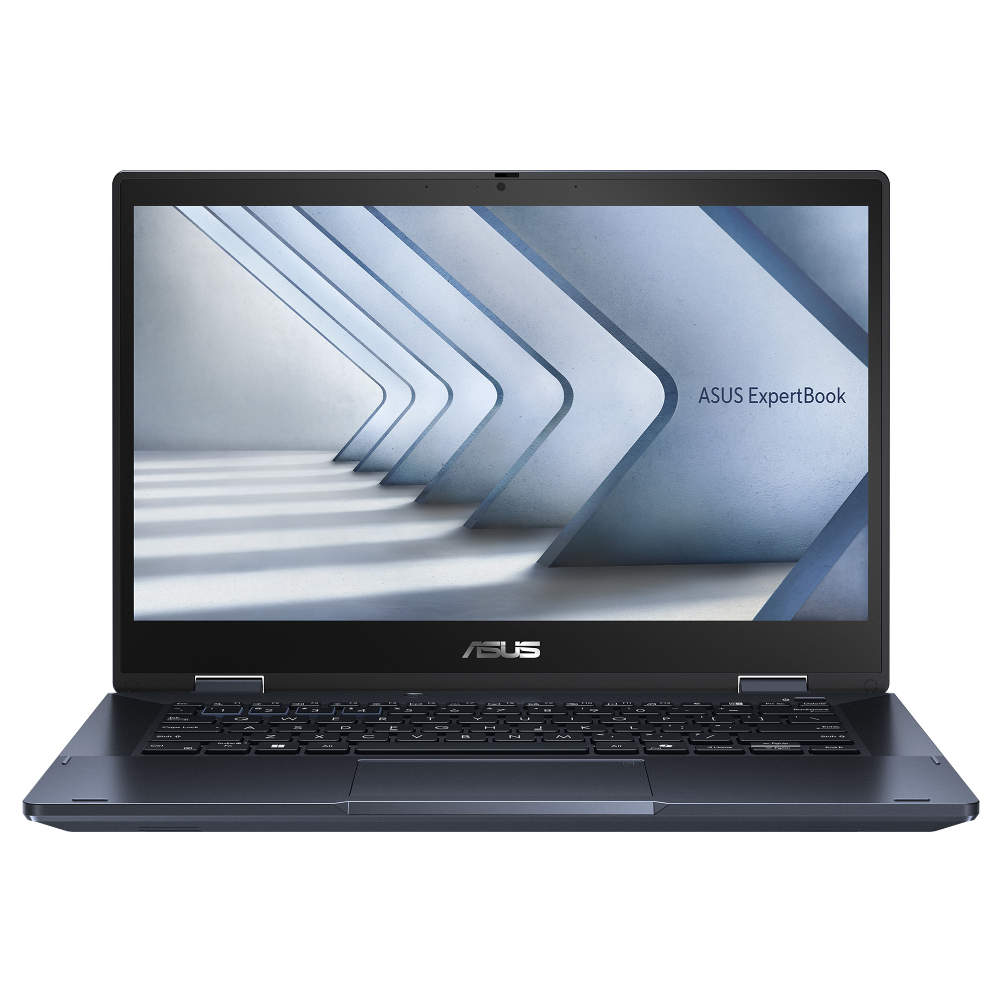 Modern bir mimari tasarım gösteren ekrana sahip koyu gri ASUS ExpertBook dizüstü bilgisayar.