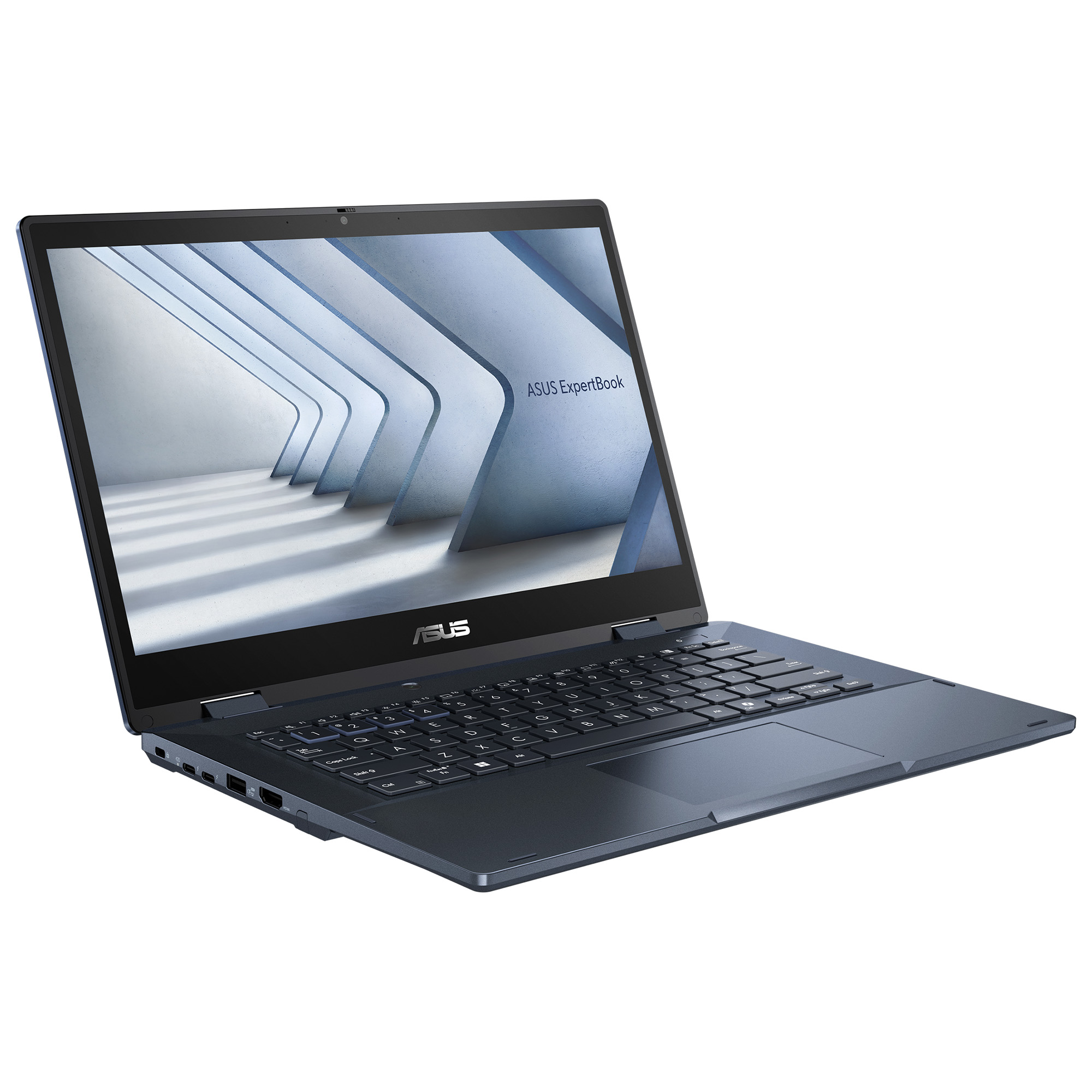 Koyu mavi bir ASUS ExpertBook dizüstü bilgisayar açık, klavyesi ve dokunmatik yüzeyi görünüyor.