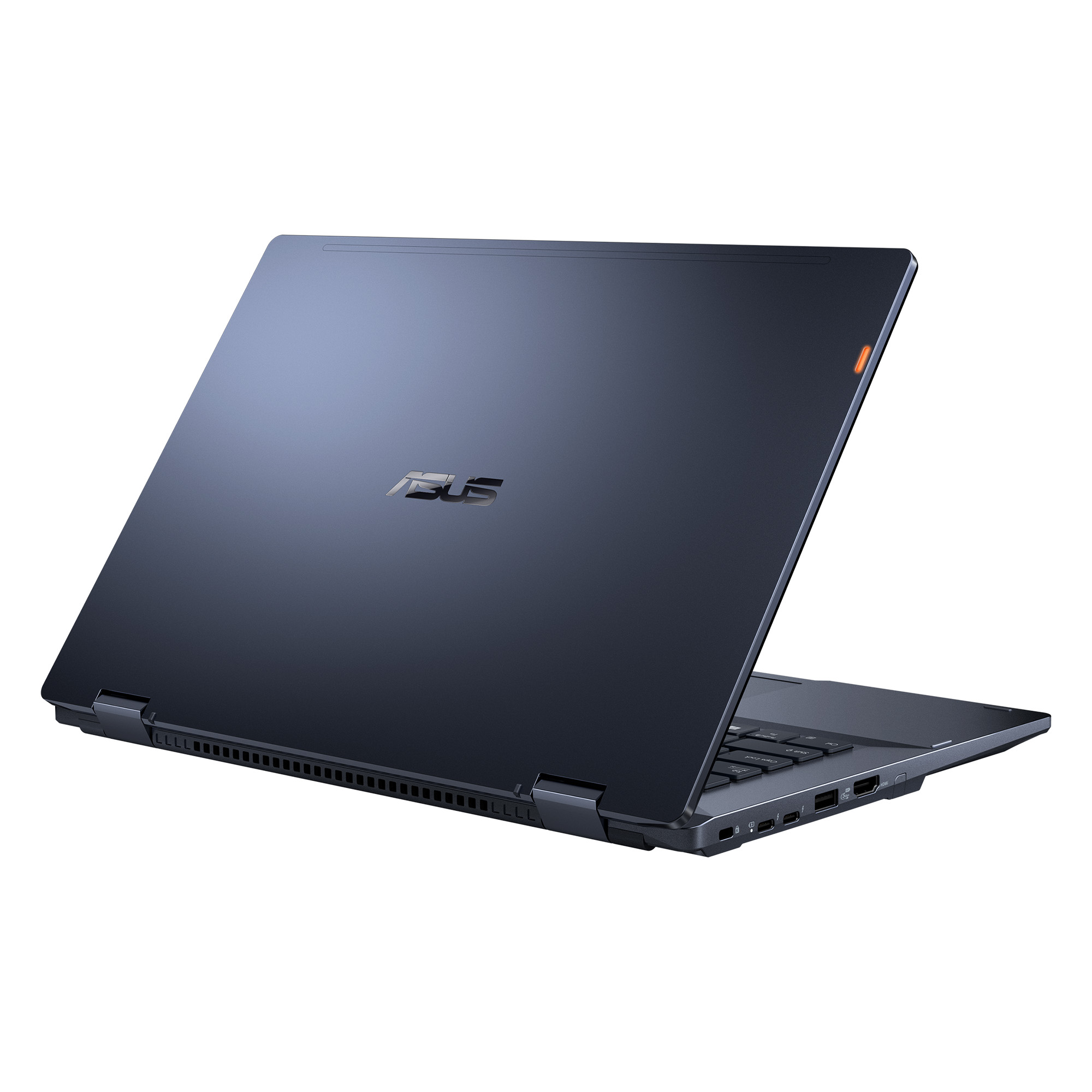 Yan taraftan görünümüyle açık ekranlı koyu gri ASUS dizüstü bilgisayar.