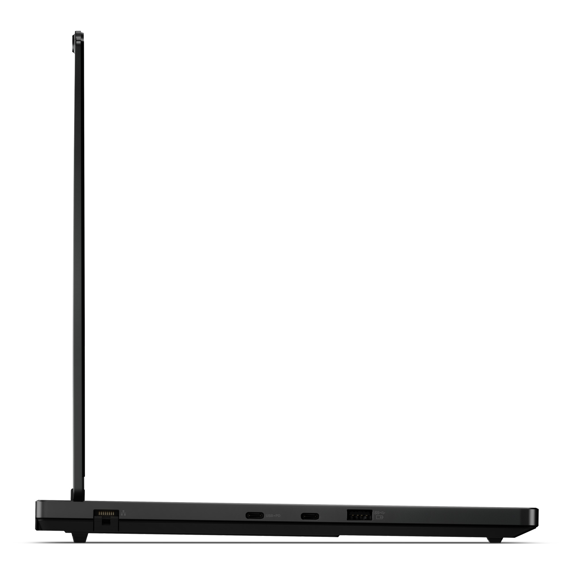 Sağ yandan görünümüyle, USB-C, USB-PD ve USB-A bağlantı noktalarına sahip siyah bir dizüstü bilgisayar.