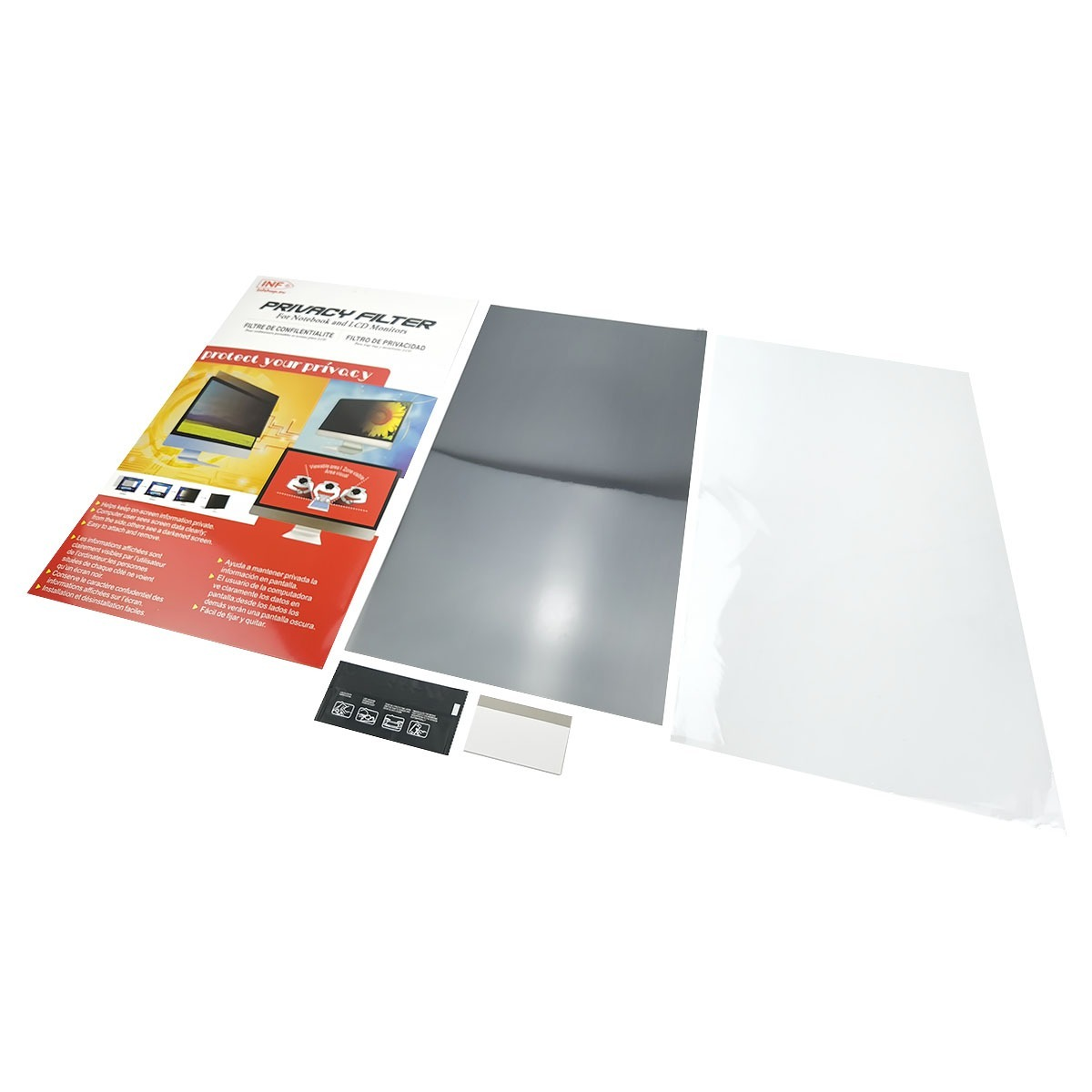 Ein Sichtschutzfilter für Laptops/Monitore liegt neben einer Anleitung.