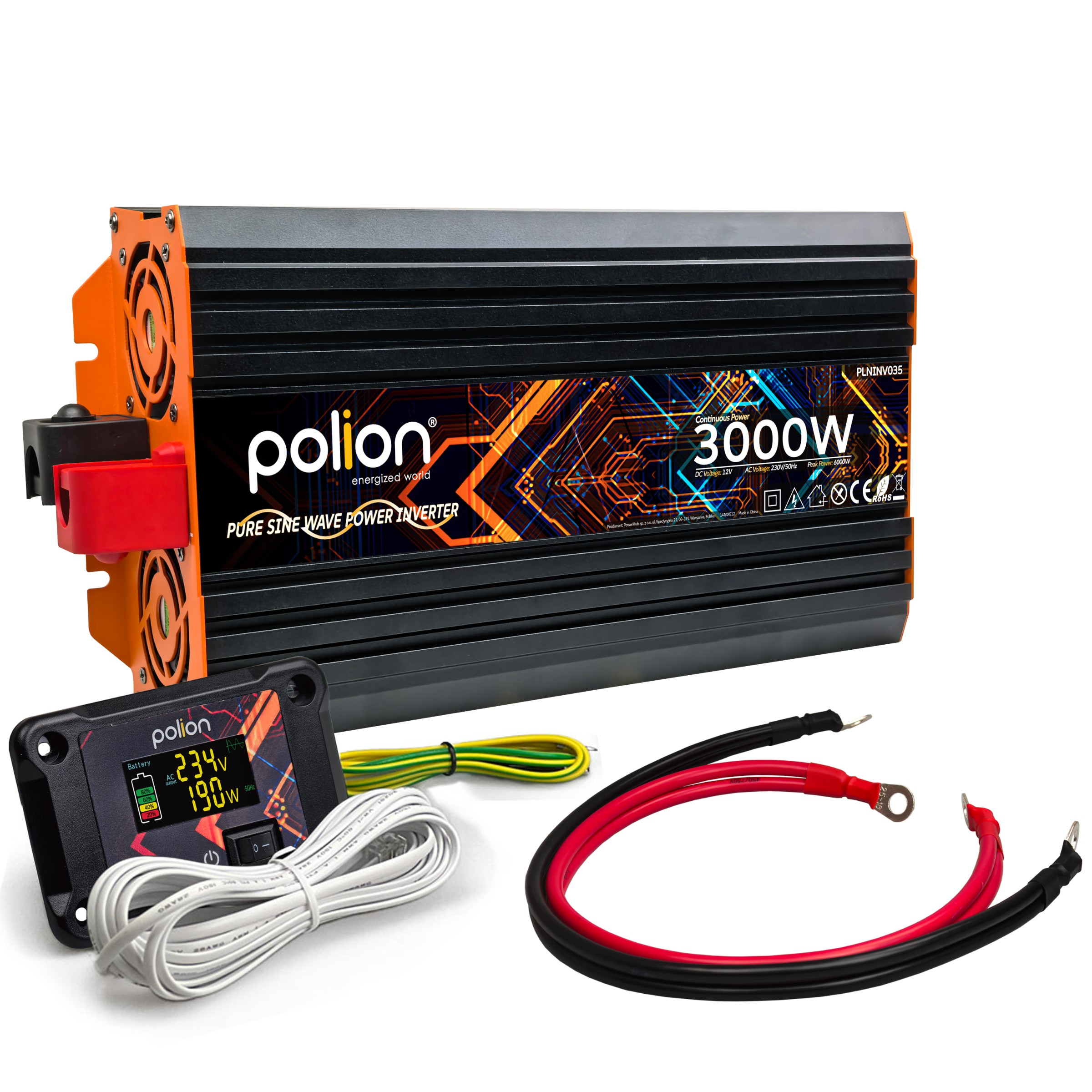 Falownik Polion 3000W z pomarańczowymi obudowami wentylatorów, kablami i wyświetlaczem.