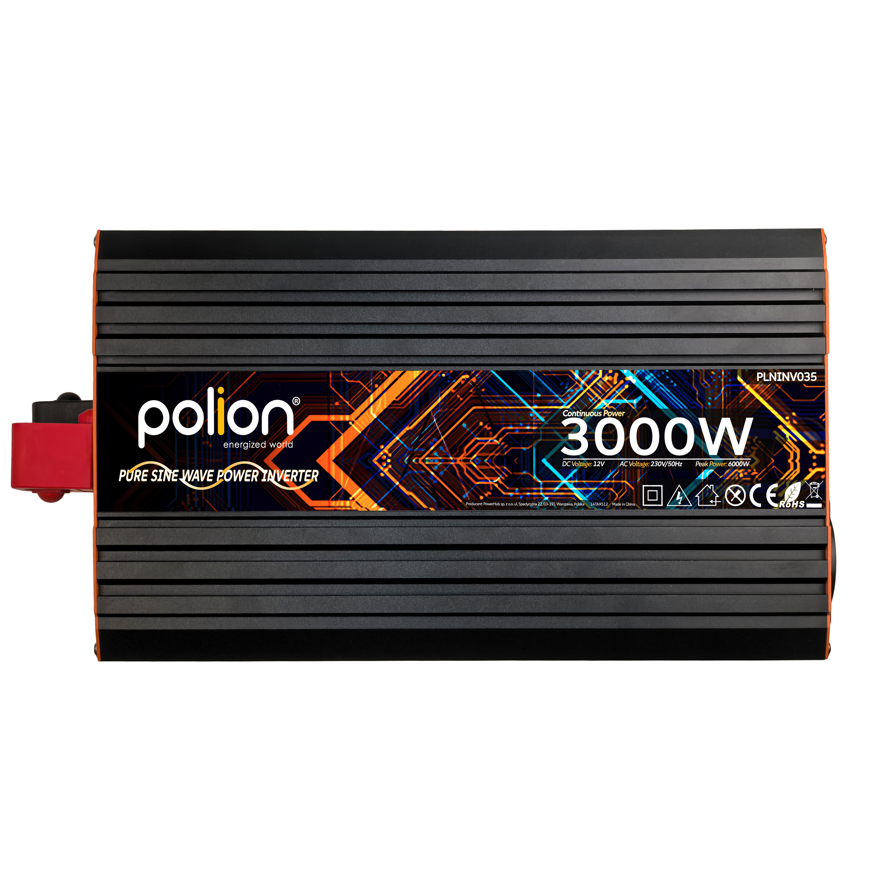 Czarny falownik z czerwoną wtyczką, 3000W, logo "Polion", wyświetlacz cyfrowy.