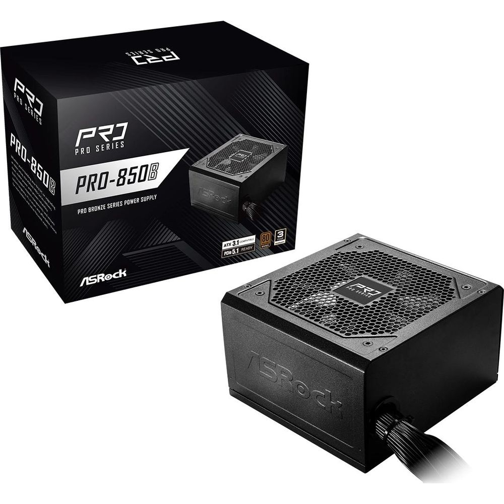 Czarny zasilacz ASRock PRO 850W i jego pudełko. Pudełko zawiera napis PRO SERIES.
