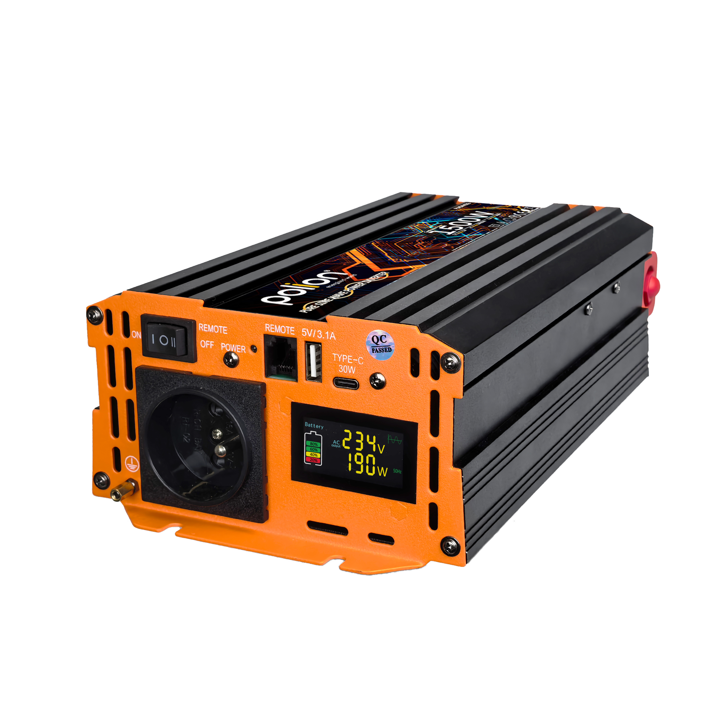 Pomarańczowy i czarny falownik pokazujący 234V AC i 190W na ekranie LCD.