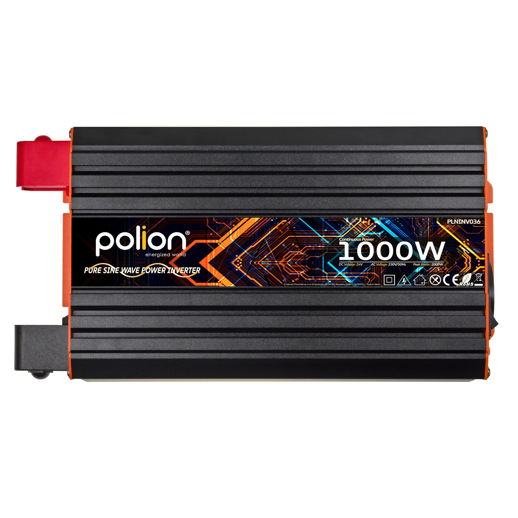 Czarny falownik z pomarańczowymi akcentami, 1000W, na białym tle.