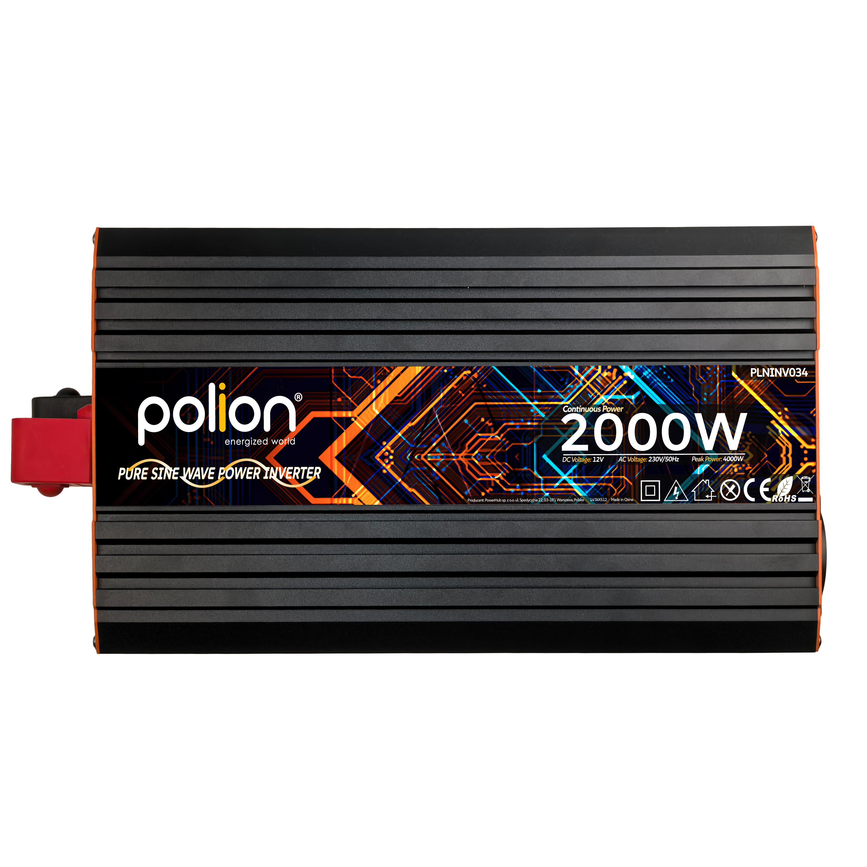 Czarny falownik 2000W z czerwonym złączem, logo Polion i wzorem płytki drukowanej.