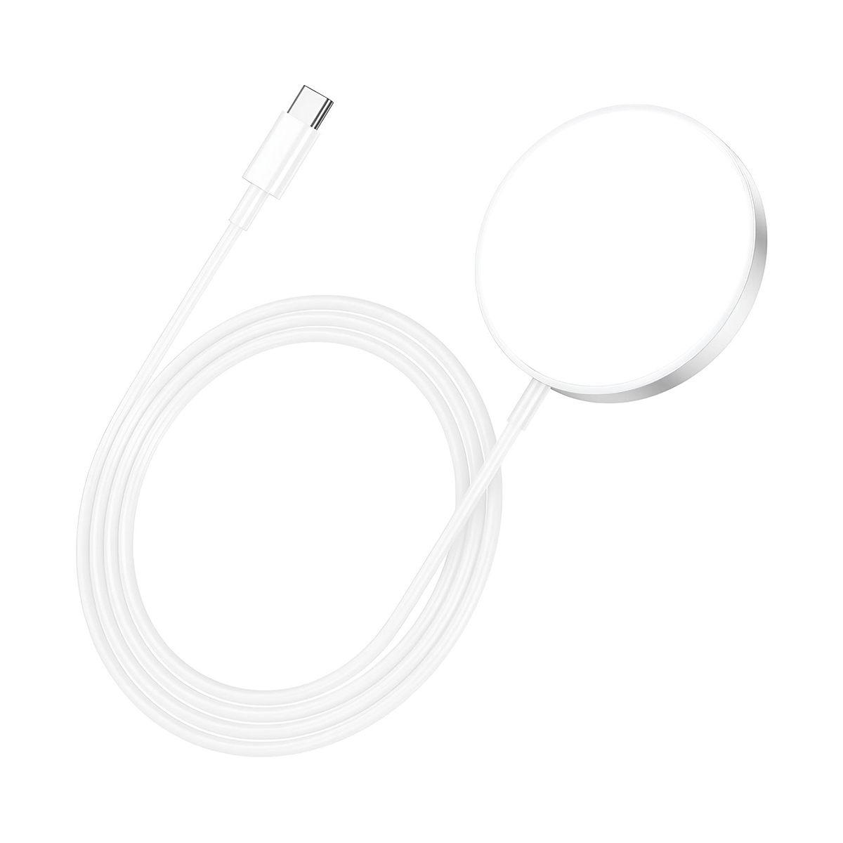 White wireless charger with USB-C cable. Circular charging pad attached to cable.