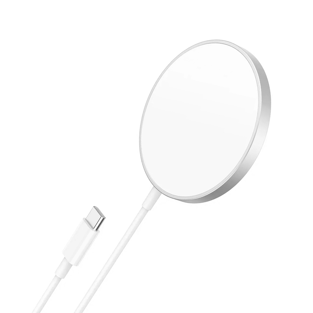 A white circular wireless charger with a white USB-C cable.