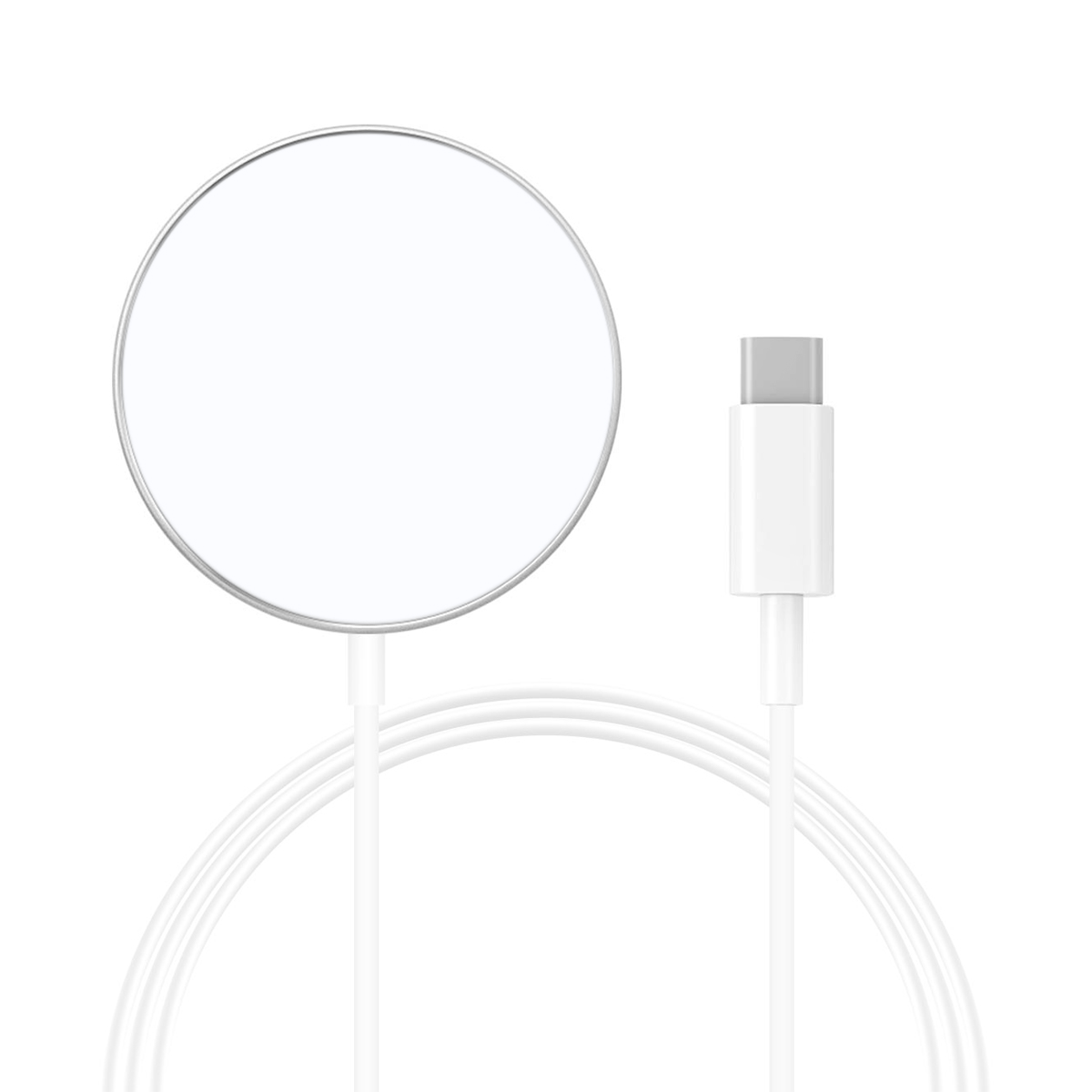 Un cavo di ricarica bianco con caricatore magnetico rotondo e connettore USB-C.