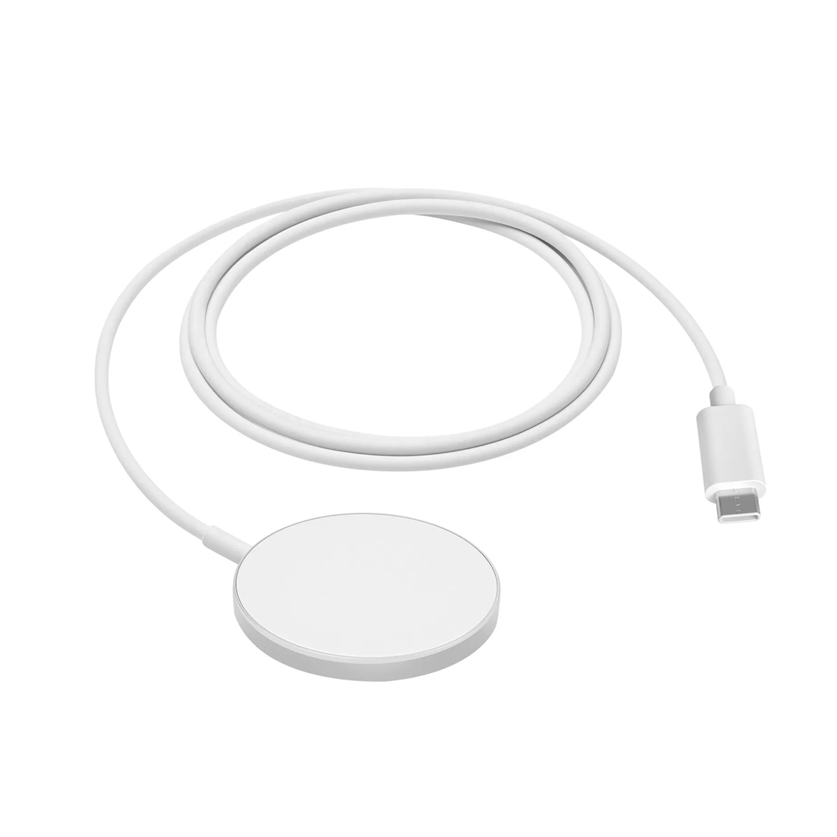 Un cavo di ricarica bianco con un disco di ricarica magnetico rotondo e un connettore USB-C.