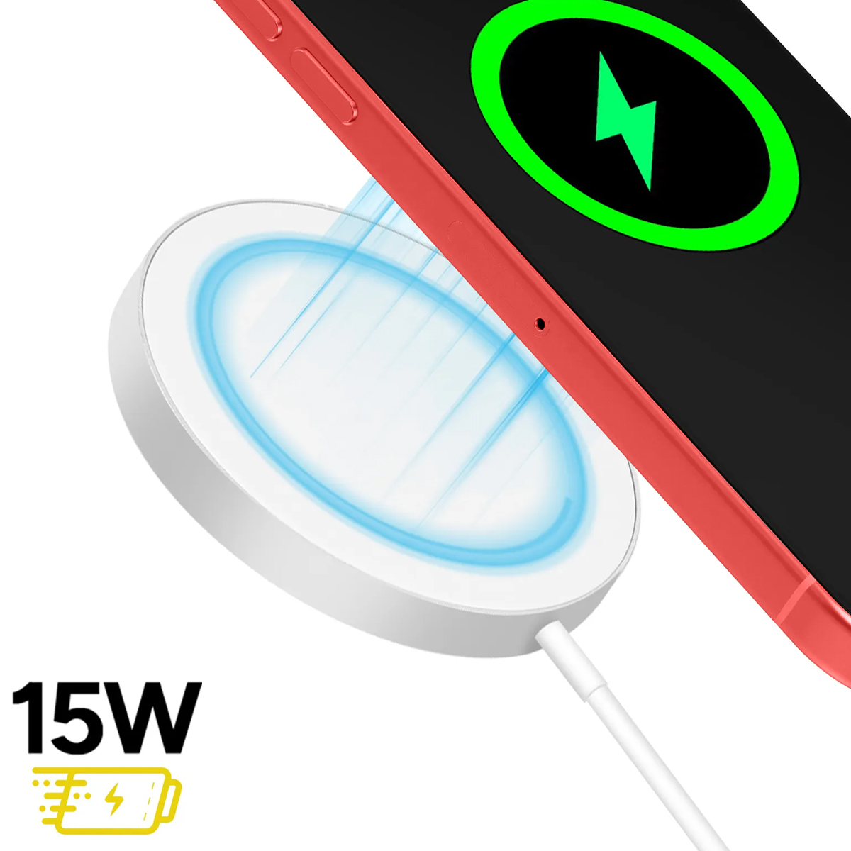 Téléphone rouge chargeant sur chargeur sans fil blanc. Puissance de 15W indiquée.