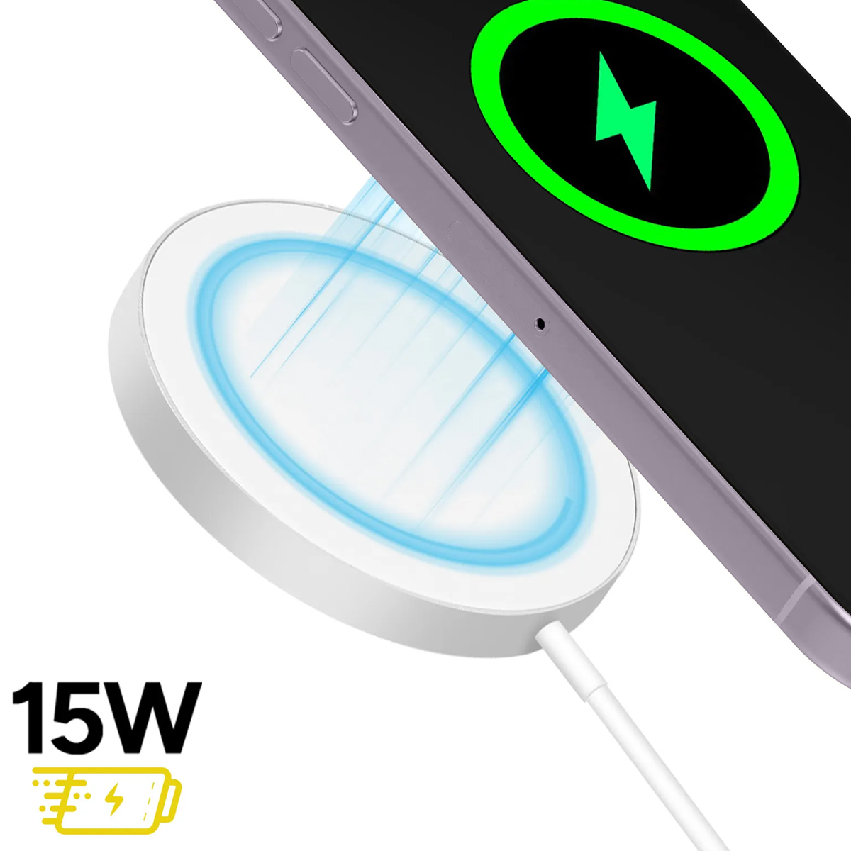 Un caricabatterie wireless bianco con impulsi di luce blu sotto un telefono. Testo: 15W.
