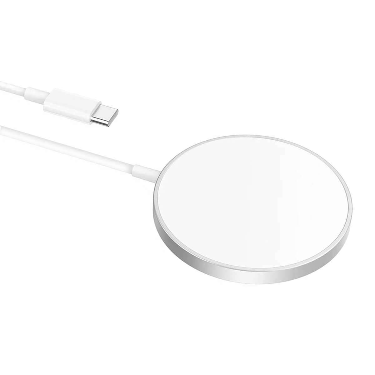 Caricatore wireless bianco con bordo argentato e cavo USB-C bianco.