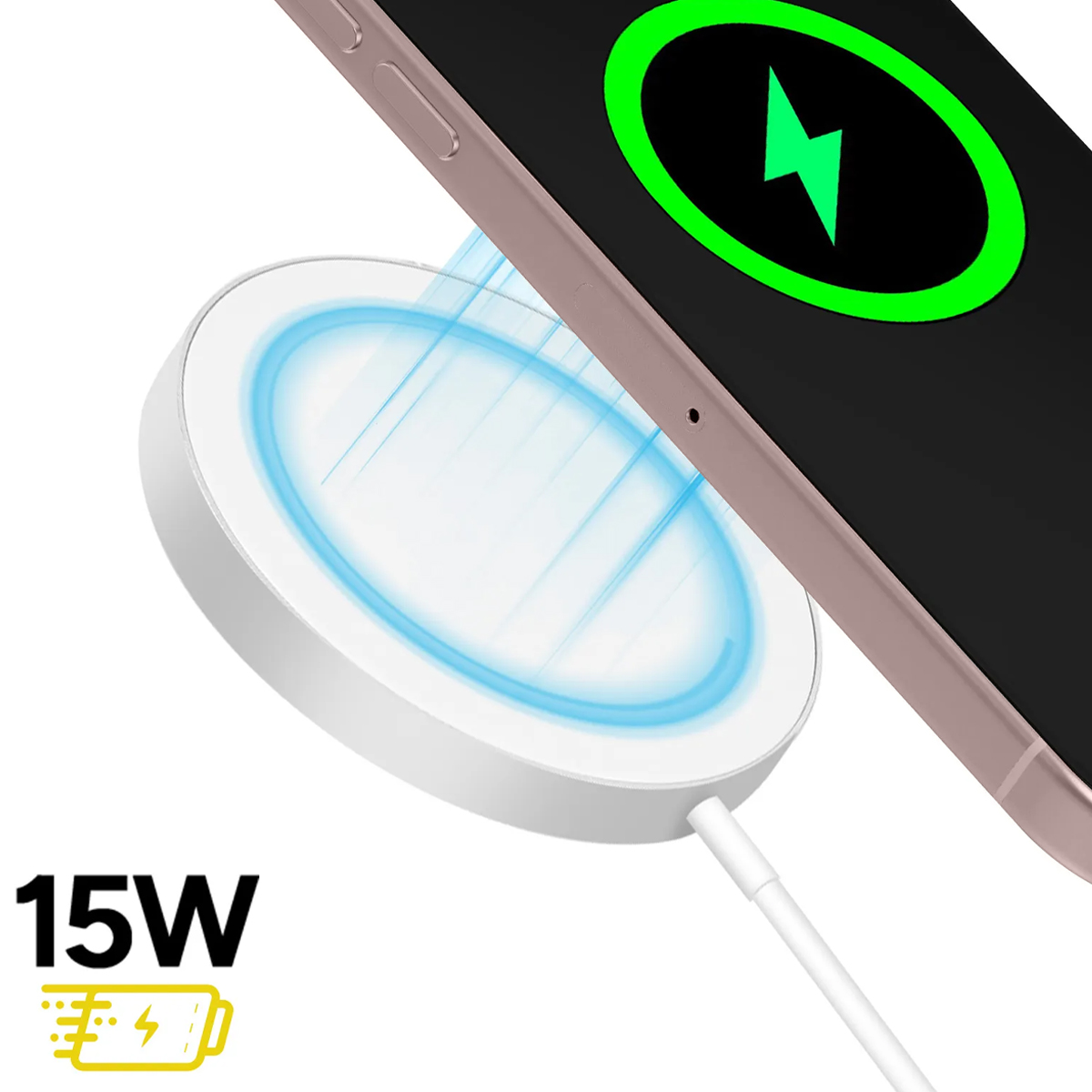Un telefono oro rosa si carica su un pad wireless bianco con luce blu. Logo 15W.
