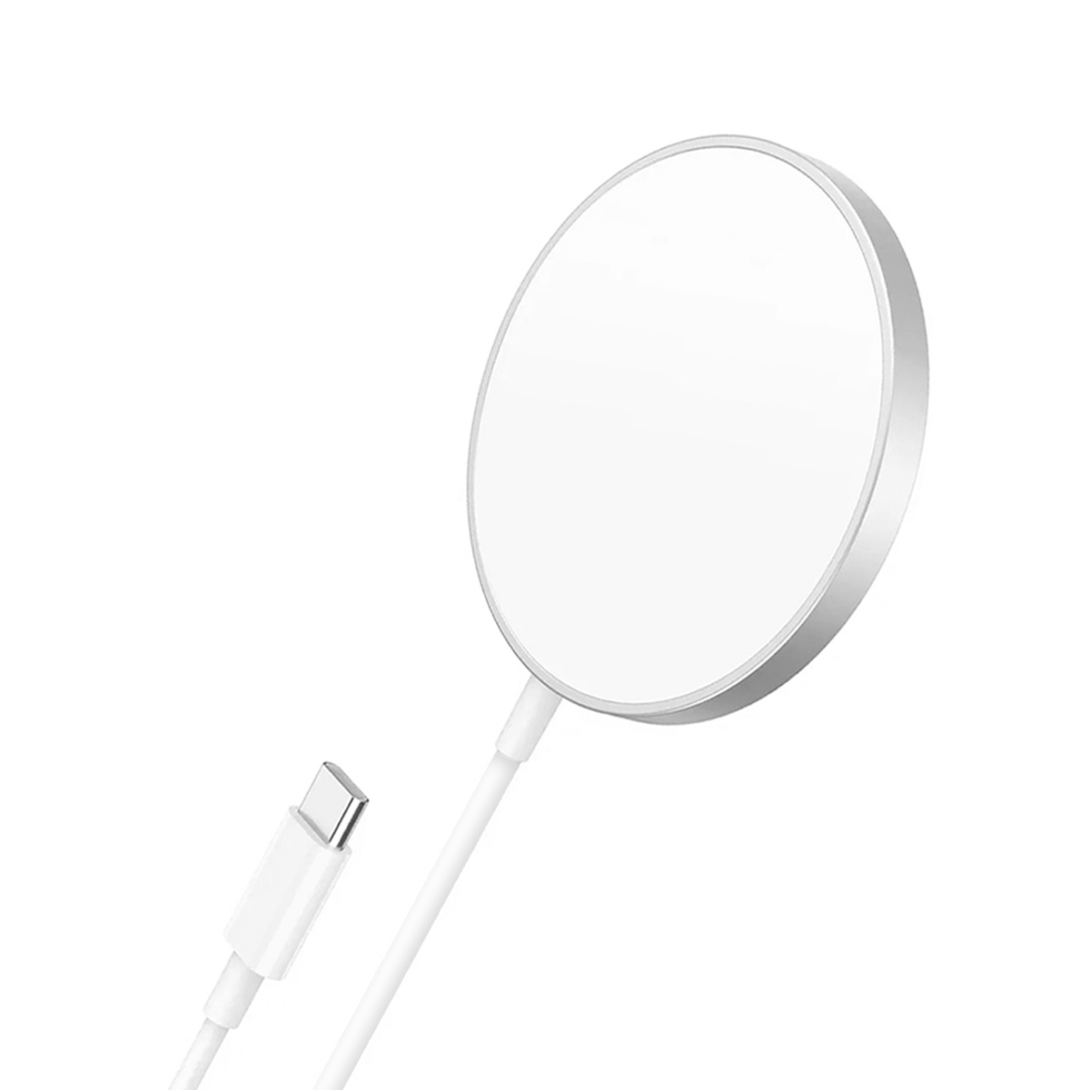Un caricabatterie wireless bianco circolare con bordo argentato e cavo USB-C bianco.