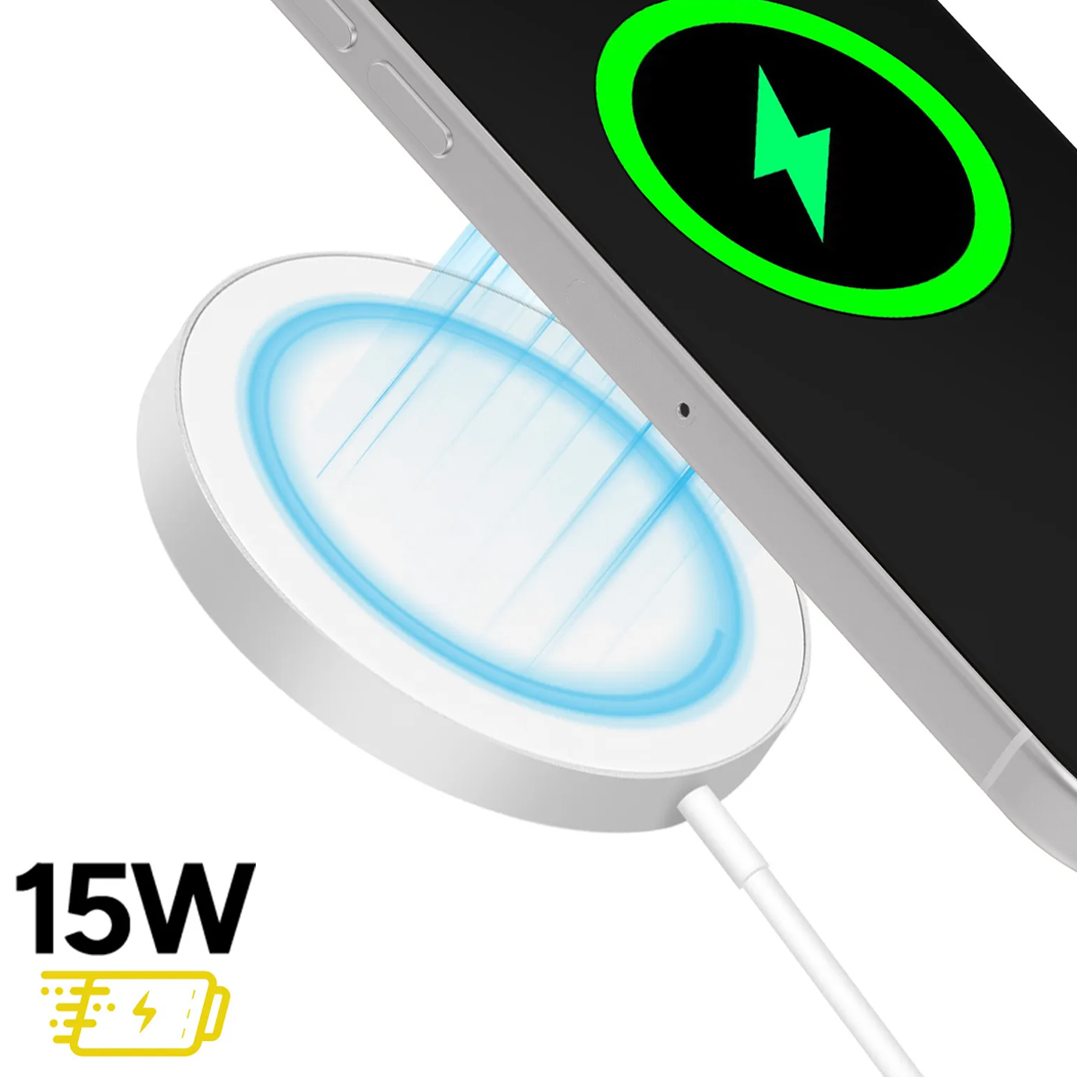 Un caricabatterie wireless bianco con luce blu sta caricando un telefono con icona fulmine verde.